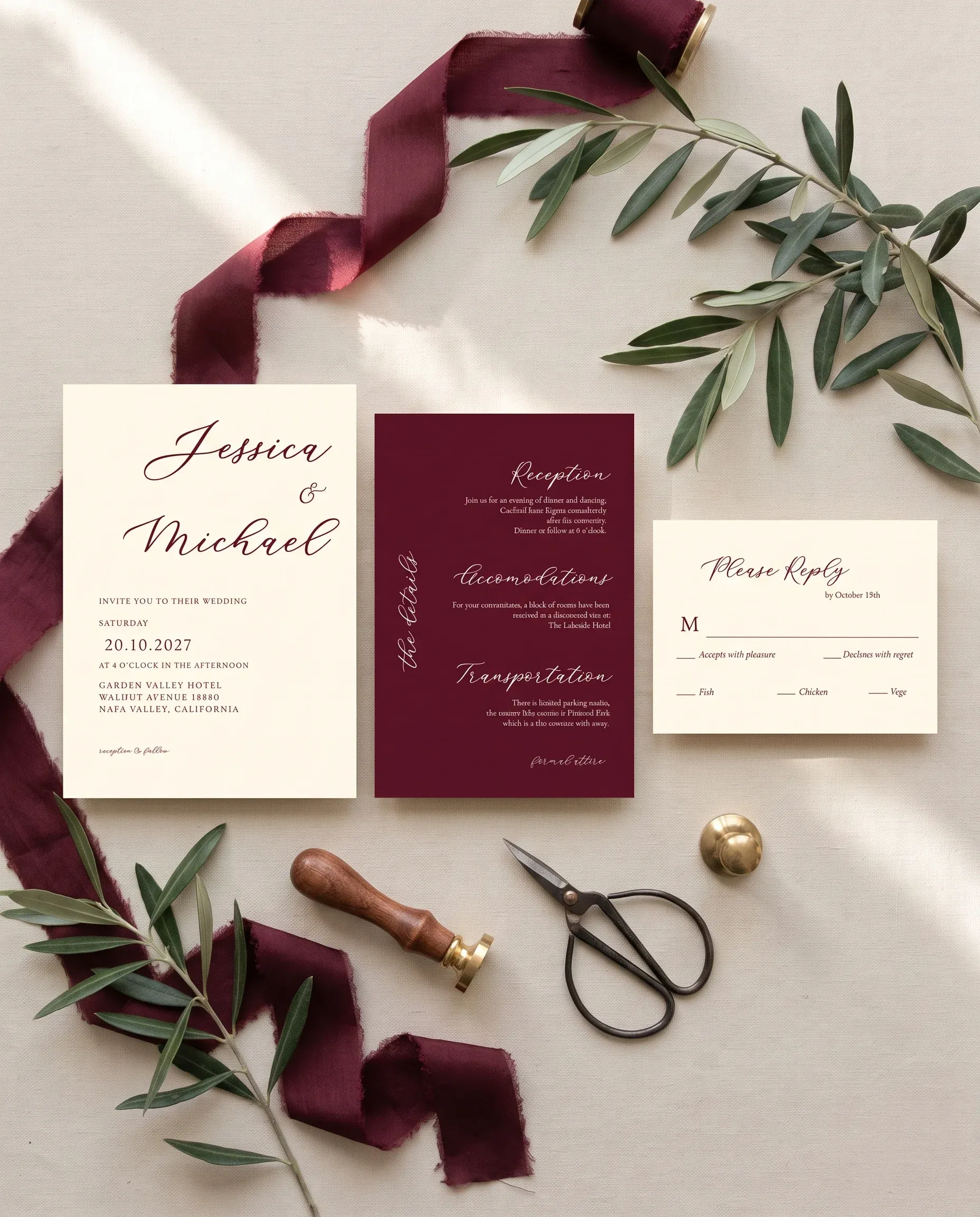 Claret Vine wedding invitation suite — invitation, details card and RSVP shown in a flat lay, wedding invitation templates.