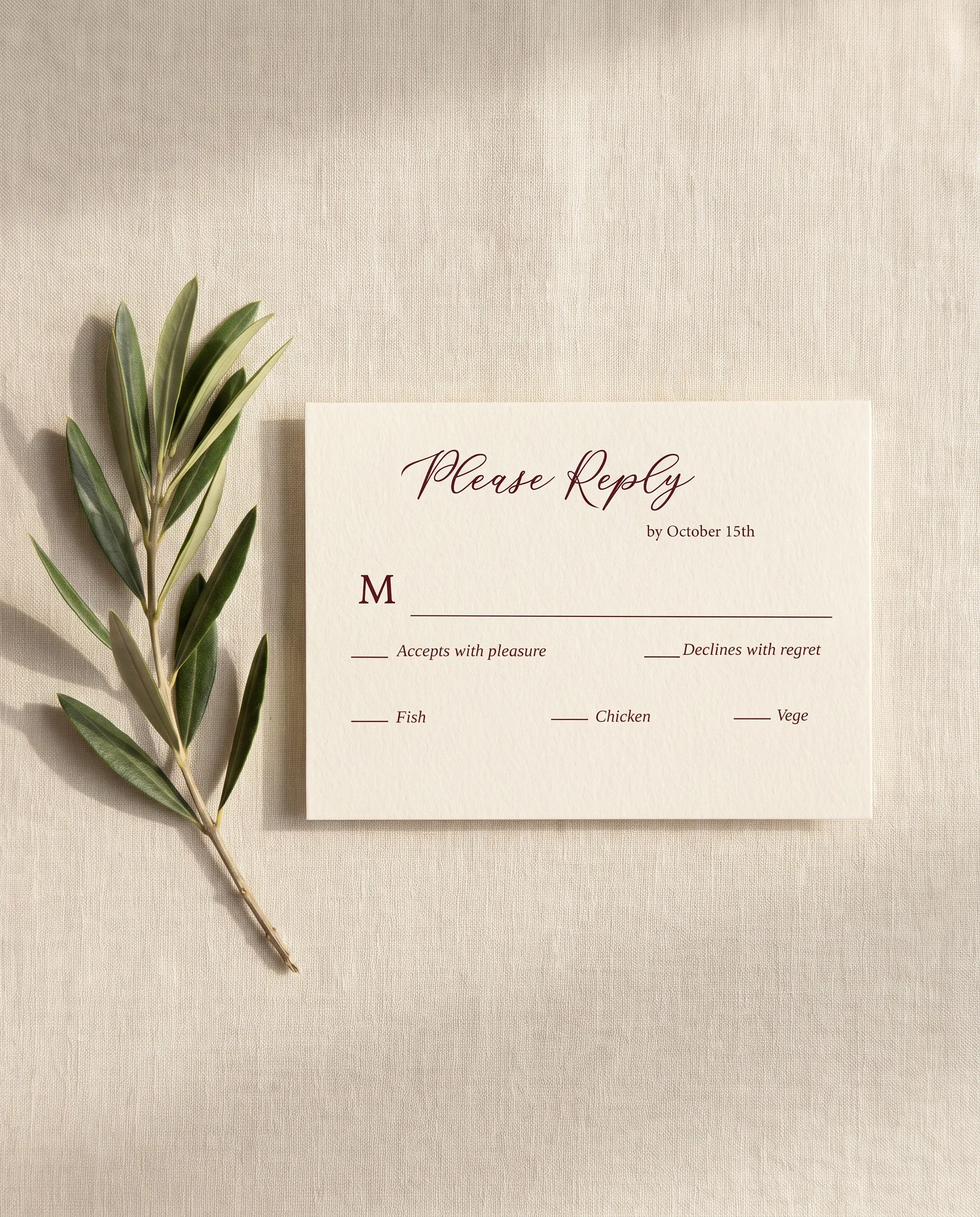Claret Vine wedding invitation suite — RSVP card shown in a flat lay with soft overhead light, wedding RSVP cards.