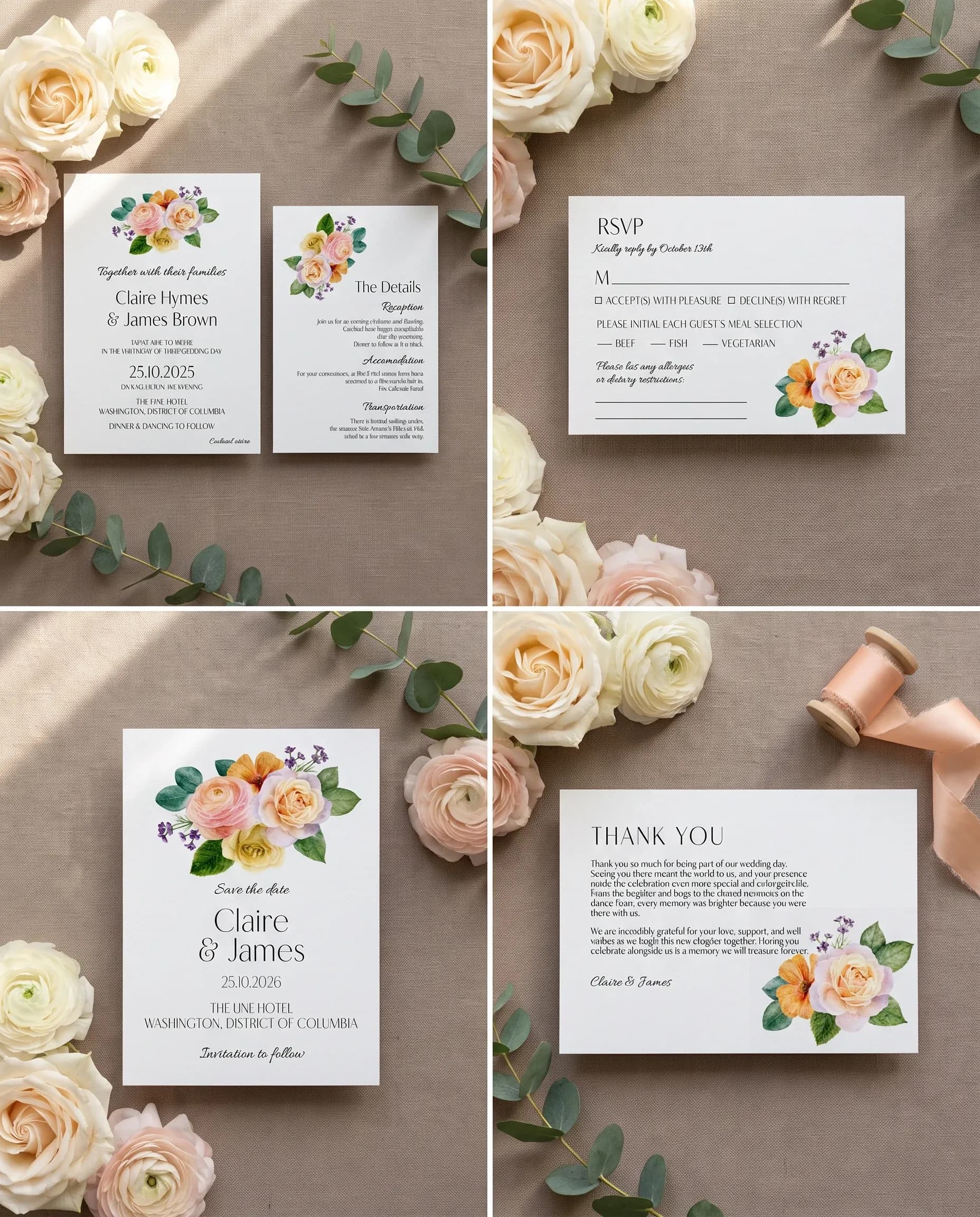 Petal Glade wedding invitation set — Invitation, details card, RSVP, save the date and thank you card shown in a flat lay, wedding invitation suite