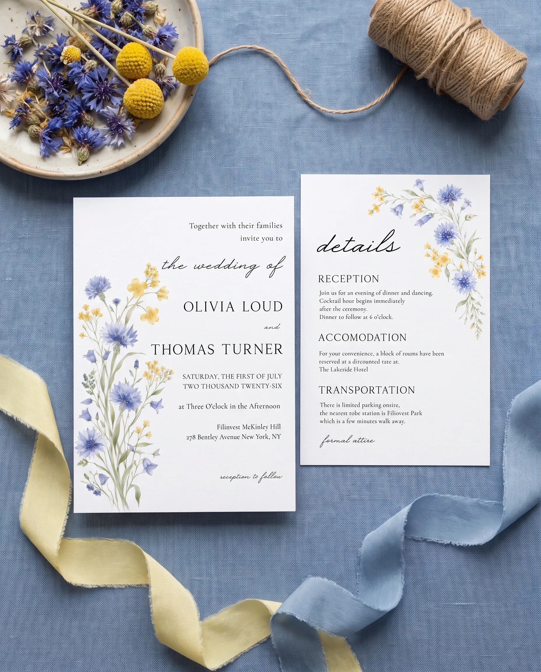 Cornflower wedding invitation suite — invitation and details card arranged together in a flat lay under soft natural light, wedding details card.