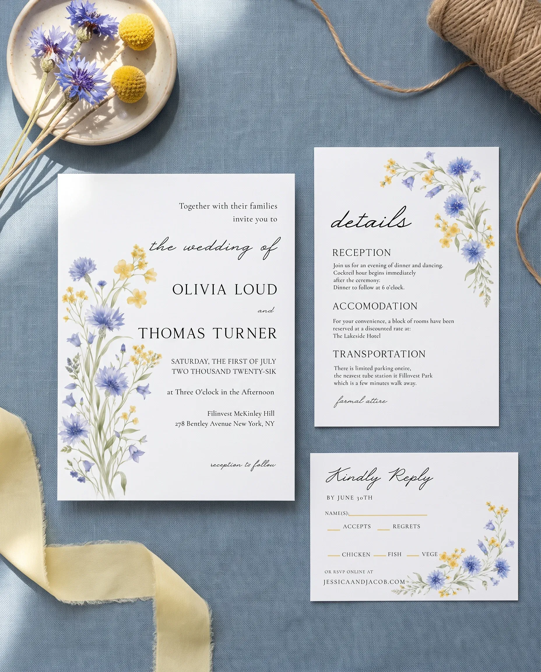 Cornflower wedding invitation suite — invitation, details card and RSVP shown in a flat lay, wedding invitation templates.