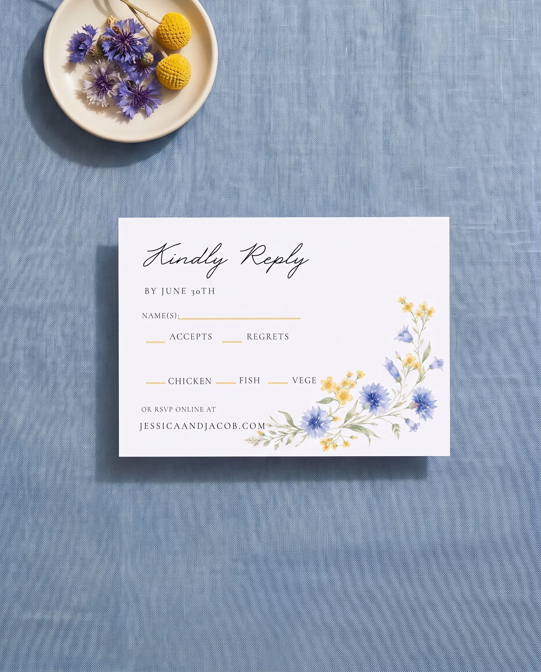 Cornflower wedding invitation suite — RSVP card shown in a flat lay, wedding RSVP cards.