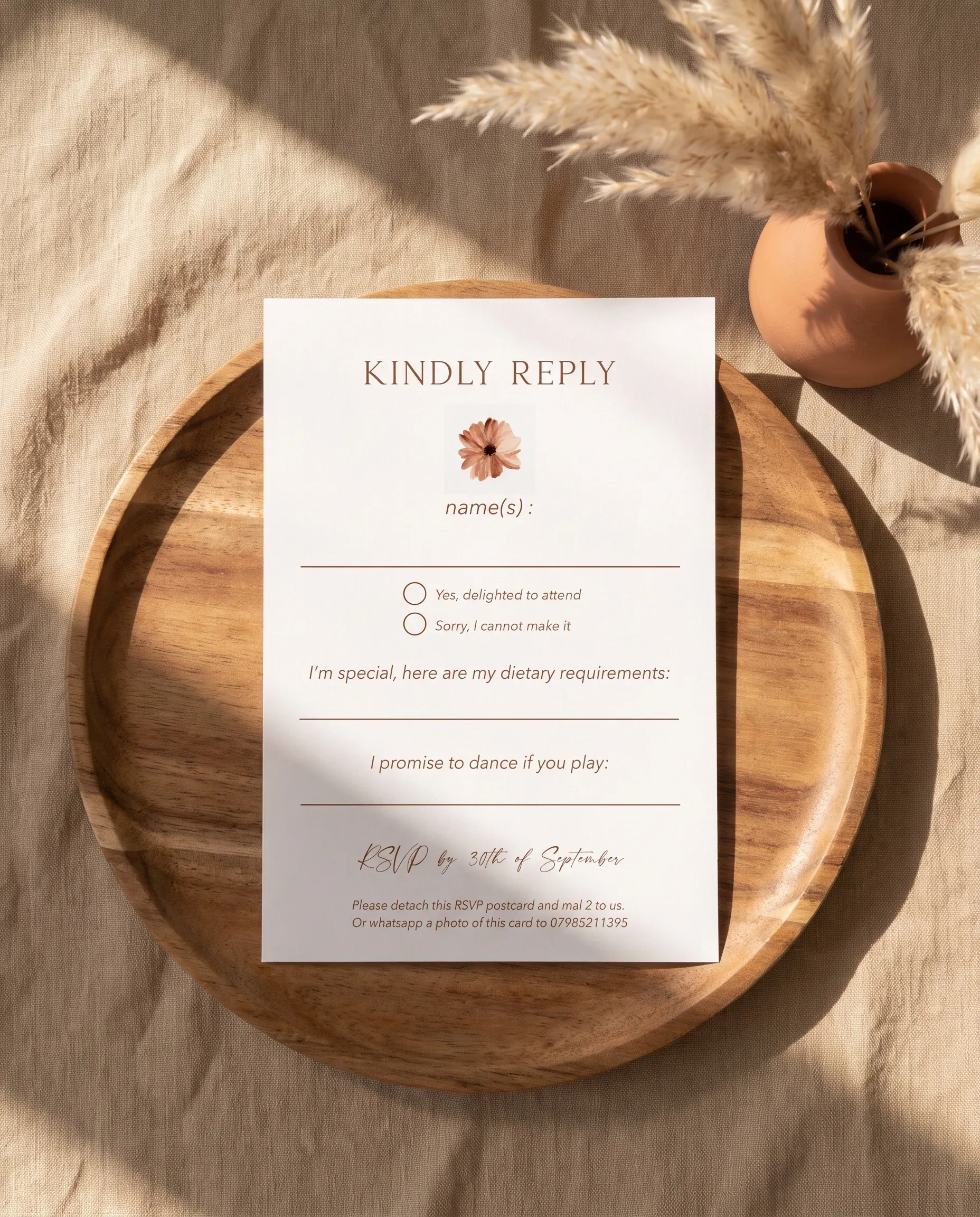 Pampas Bloom wedding invitation suite — RSVP card shown in a flat lay under soft natural light, wedding RSVP cards.