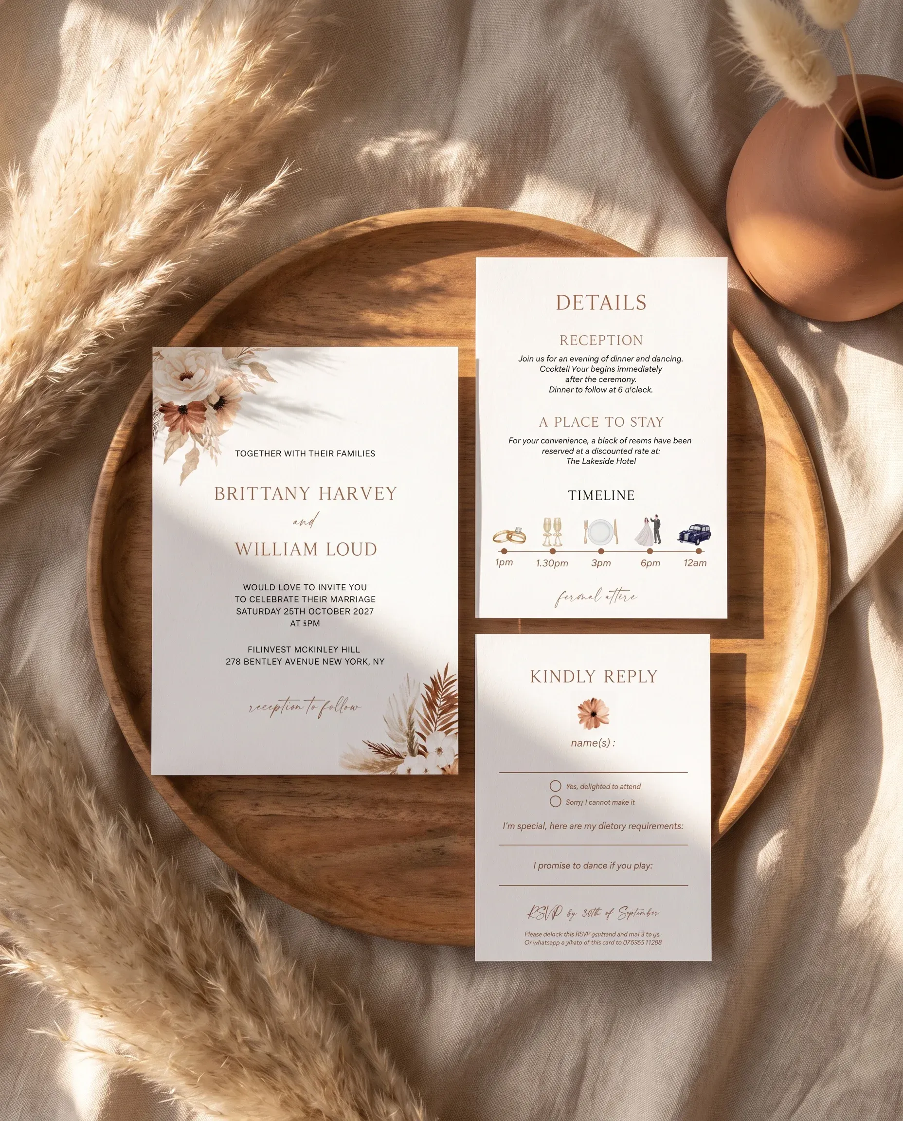 Pampas Bloom wedding invitation suite — invitation, details card and RSVP shown in a flat lay under soft natural light, wedding invitation templates.