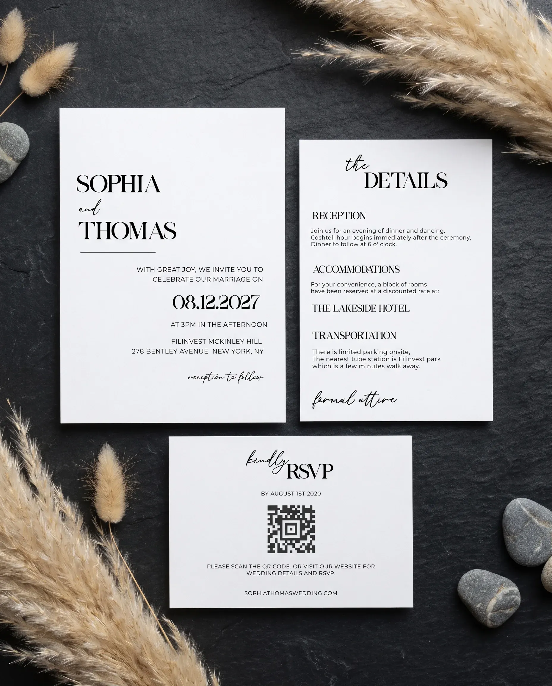 Barline wedding invitation suite — invitation, details card, and RSVP card, editable wedding templates.