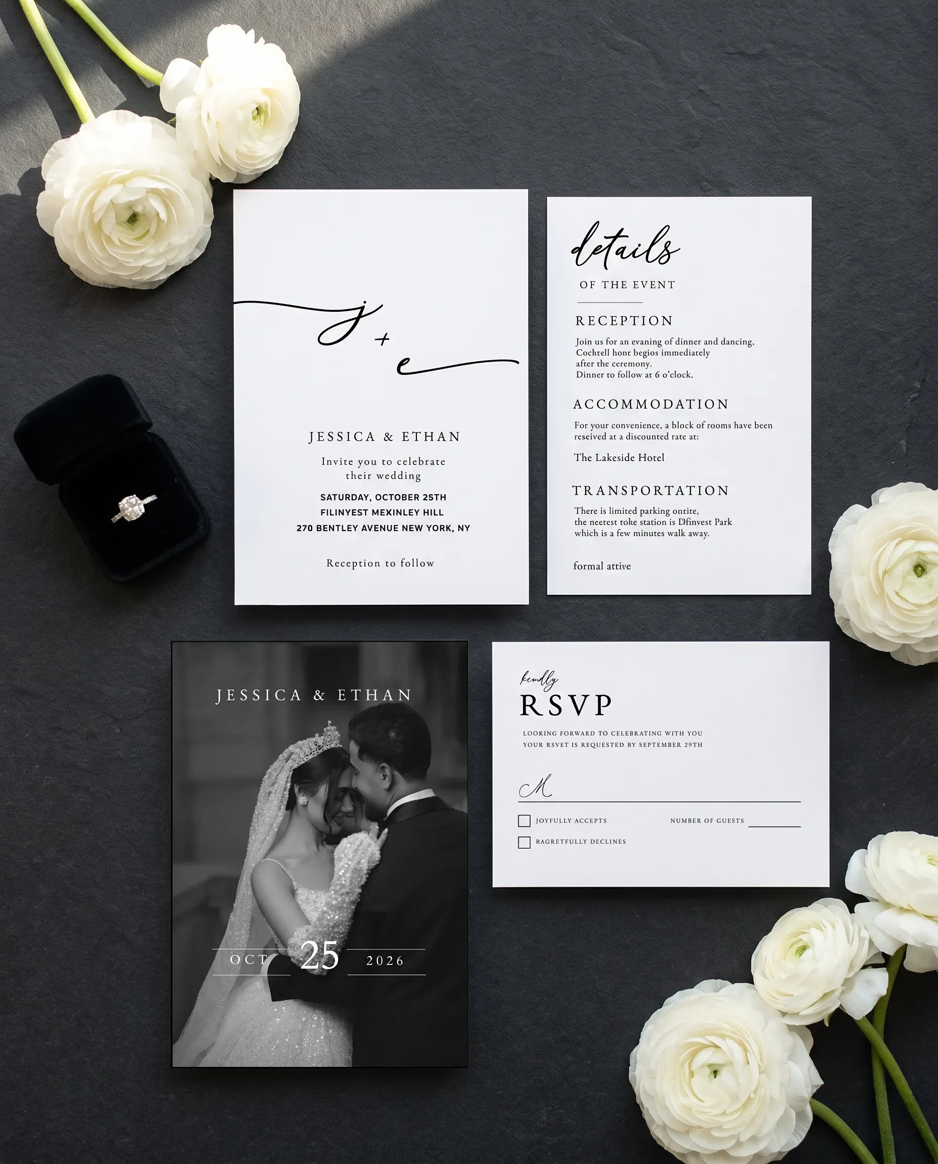 Monochrome Veil wedding invitation suite — invitation, details card and RSVP shown in a flat lay, wedding invitation templates.