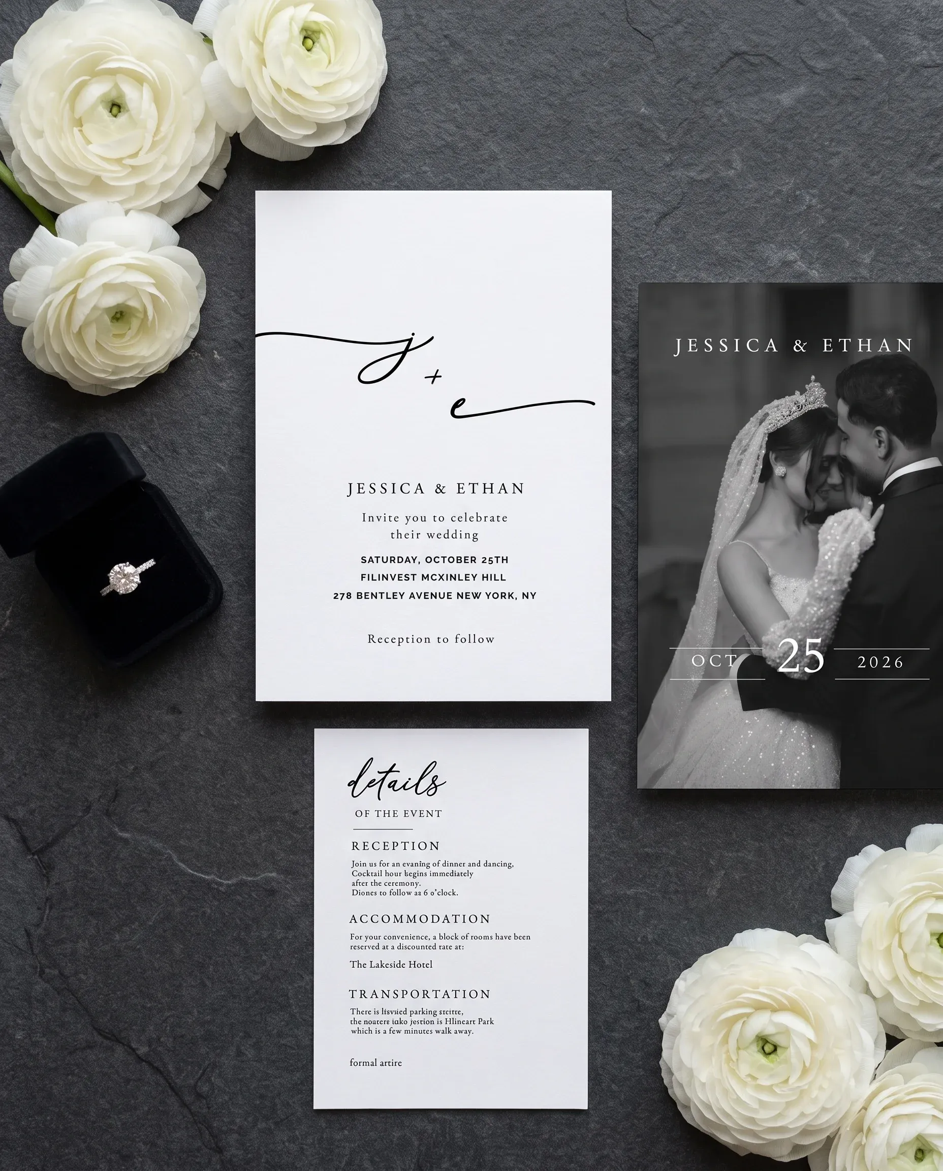 Monochrome Veil wedding invitation suite — invitation and details card arranged in a flat lay under soft natural light, wedding details card