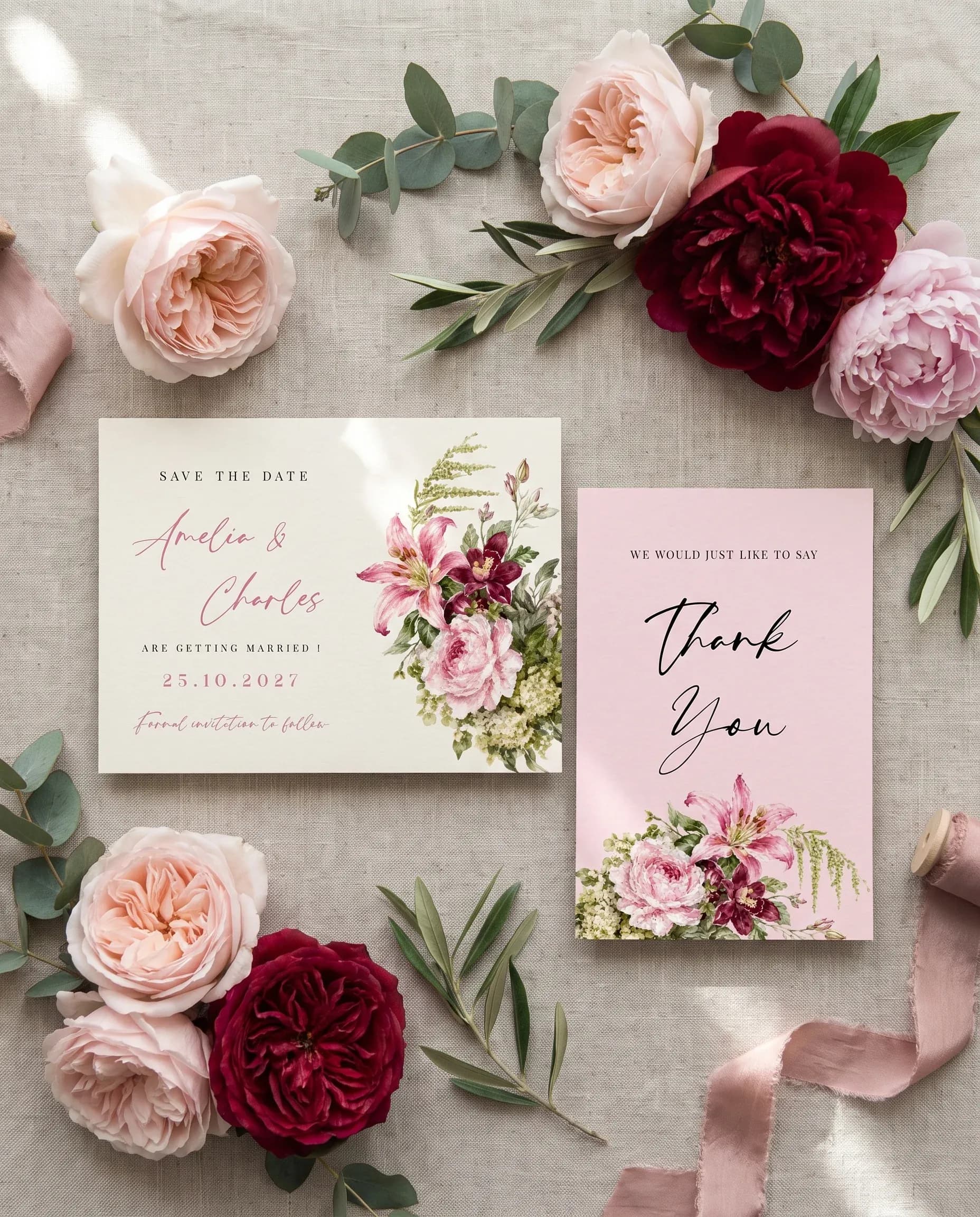 Rosevale wedding invitation set — Save the date and thank you card shown in a flat lay, wedding invitation templates