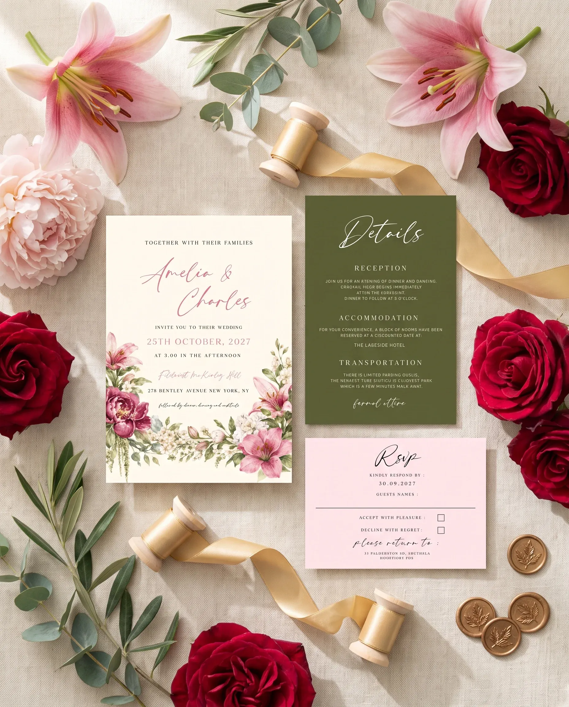 Rosevale wedding invitation set — Invitation, details card and RSVP card shown in a flat lay, printable wedding invitations
