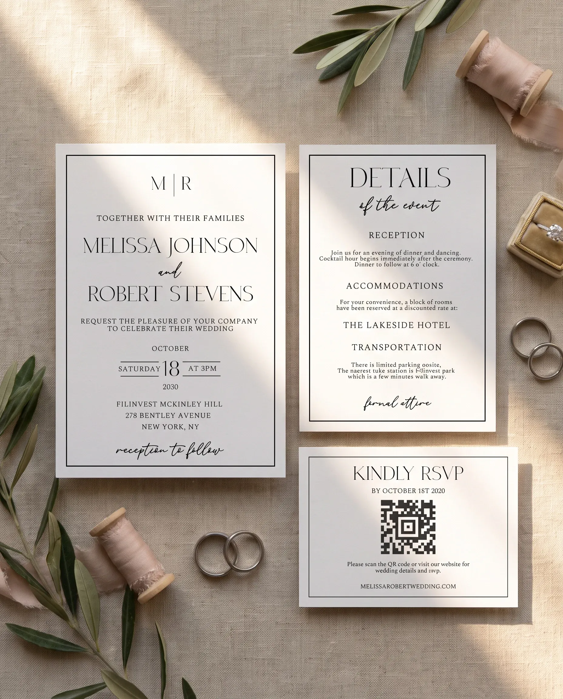 Aurelian wedding invitation suite — invitation, details card and RSVP arranged in an overhead flat lay on editorial paper, wedding invitation templates.