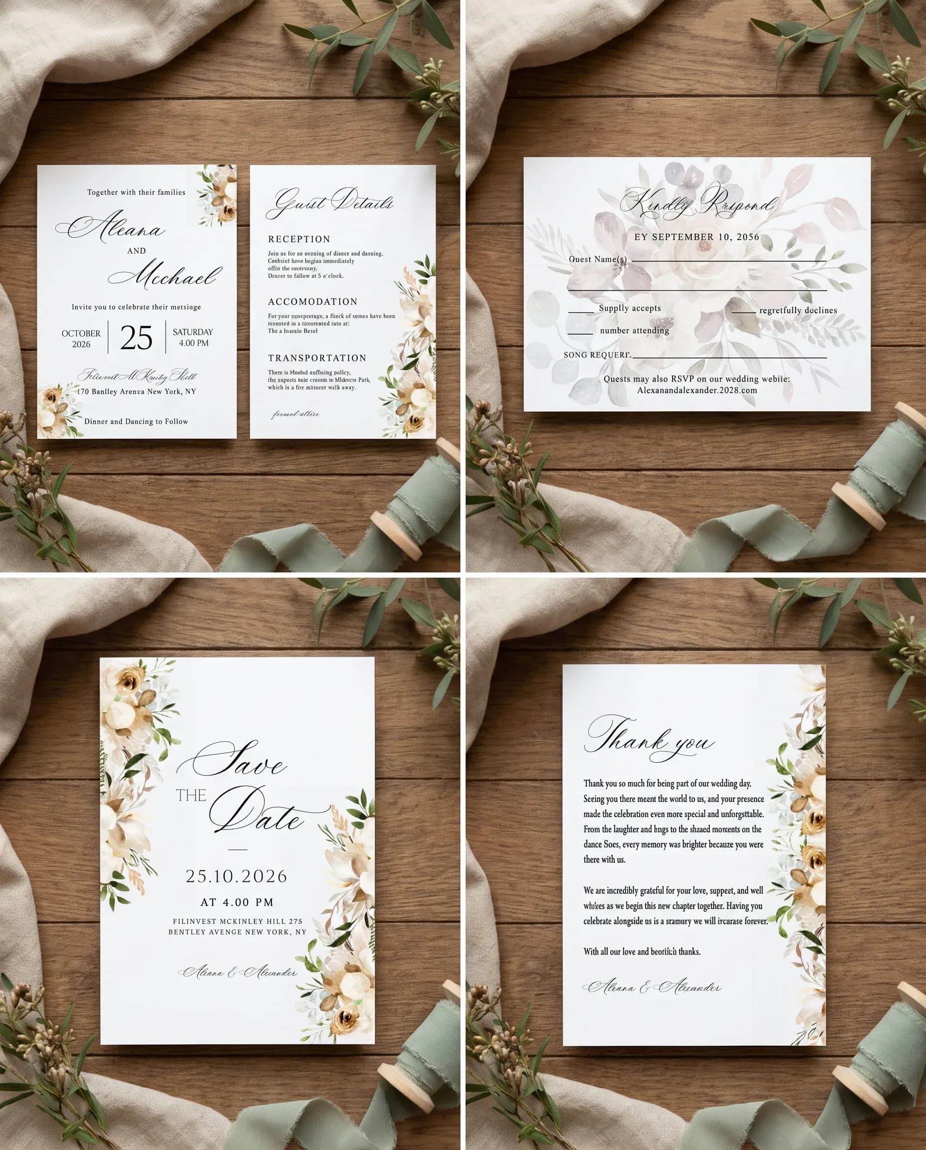 Meadow Veil wedding invitation set — Invitation, details card, RSVP, save the date and thank you card shown in a flat lay, wedding invitation suite