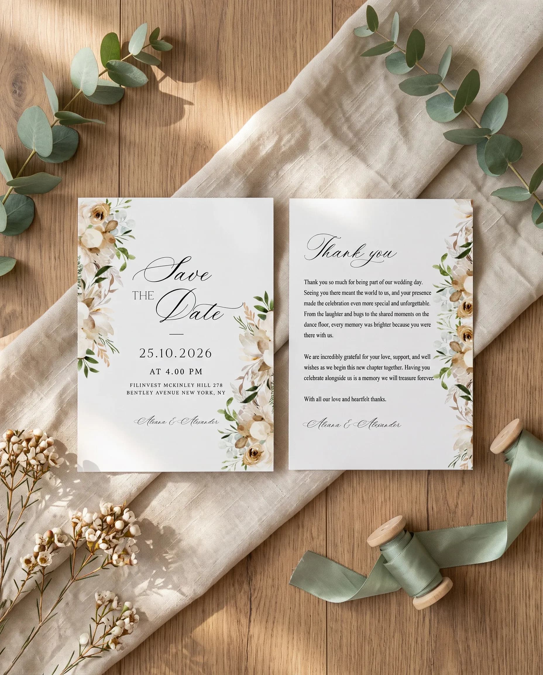 Meadow Veil wedding invitation set — Save the date and thank you card shown in a flat lay, wedding invitation templates