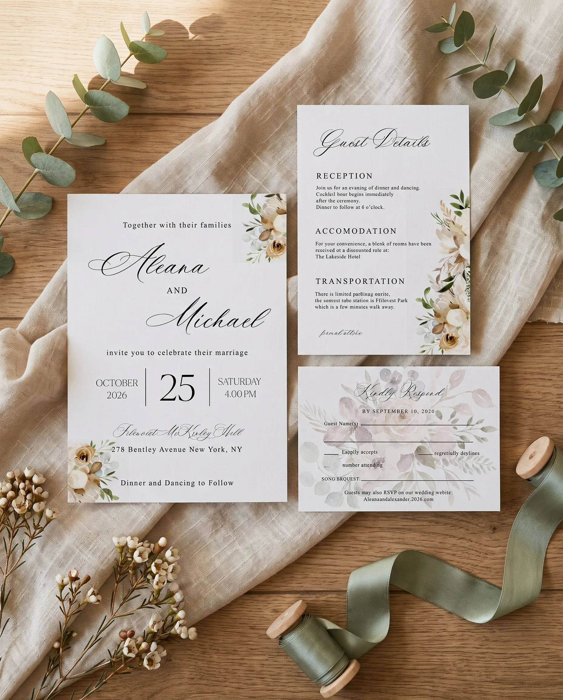 Meadow Veil wedding invitation set — Invitation, details card and RSVP card shown in a flat lay, printable wedding invitations