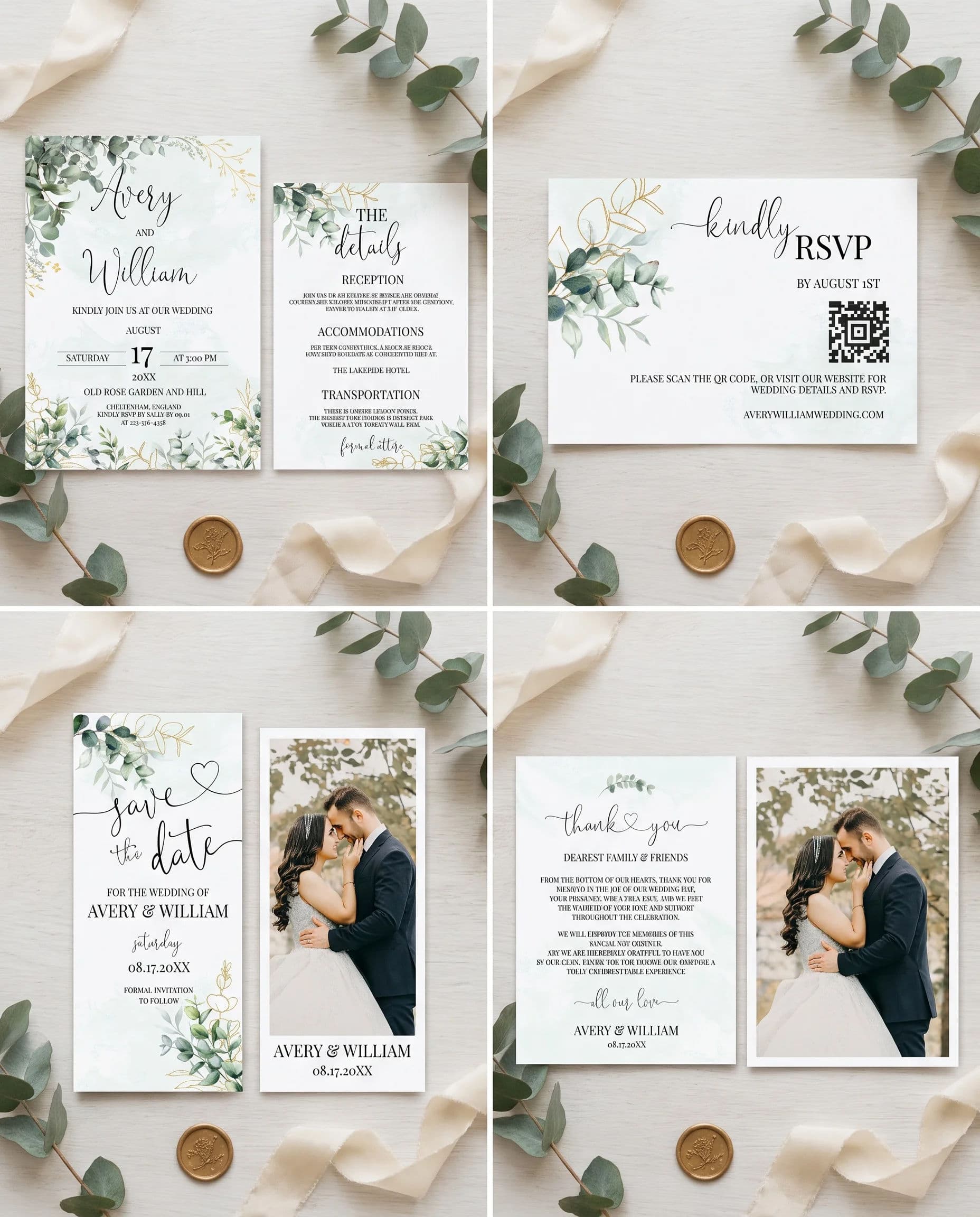 Eucalyptus Gold wedding invitation set — seven-page bundle with invitation, details, RSVP, and thank you cards, printable wedding stationery template