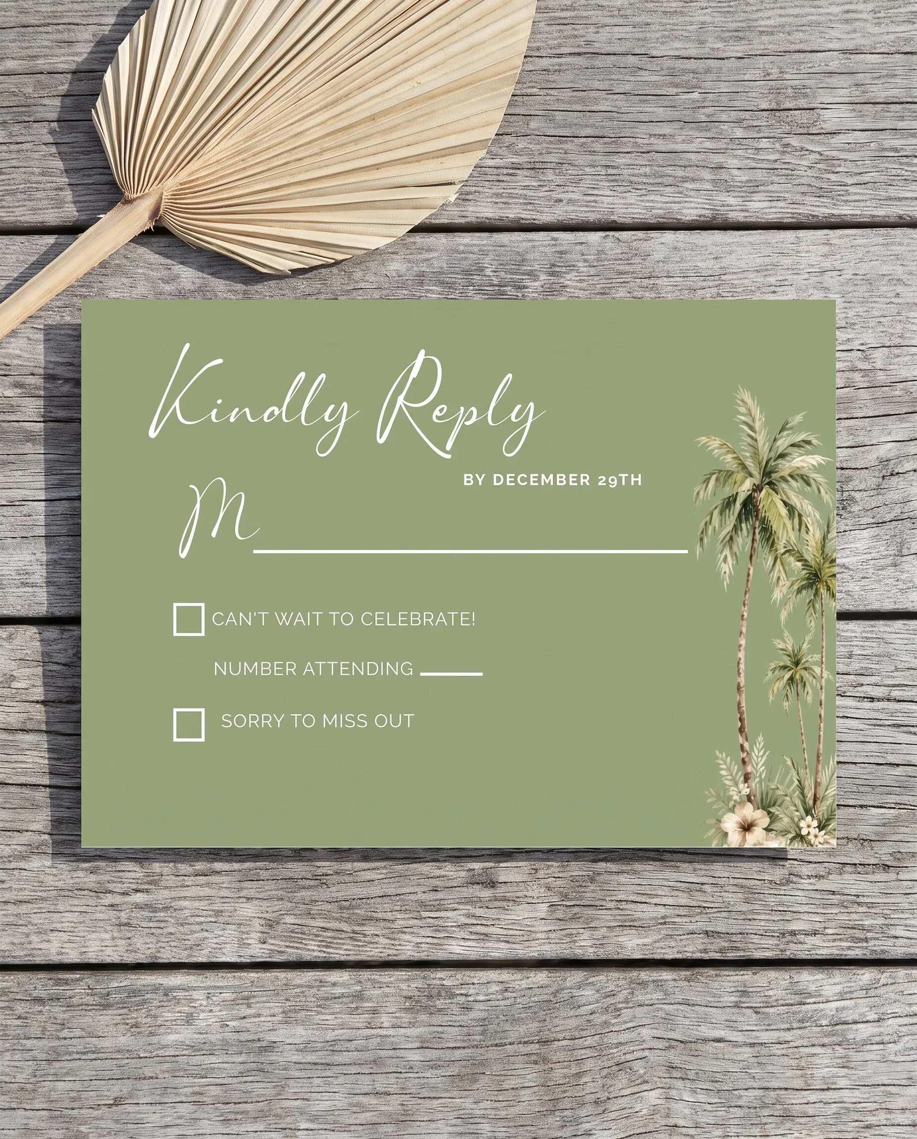 Palmetto Shore wedding invitation suite — RSVP card shown in a flat lay, wedding RSVP cards