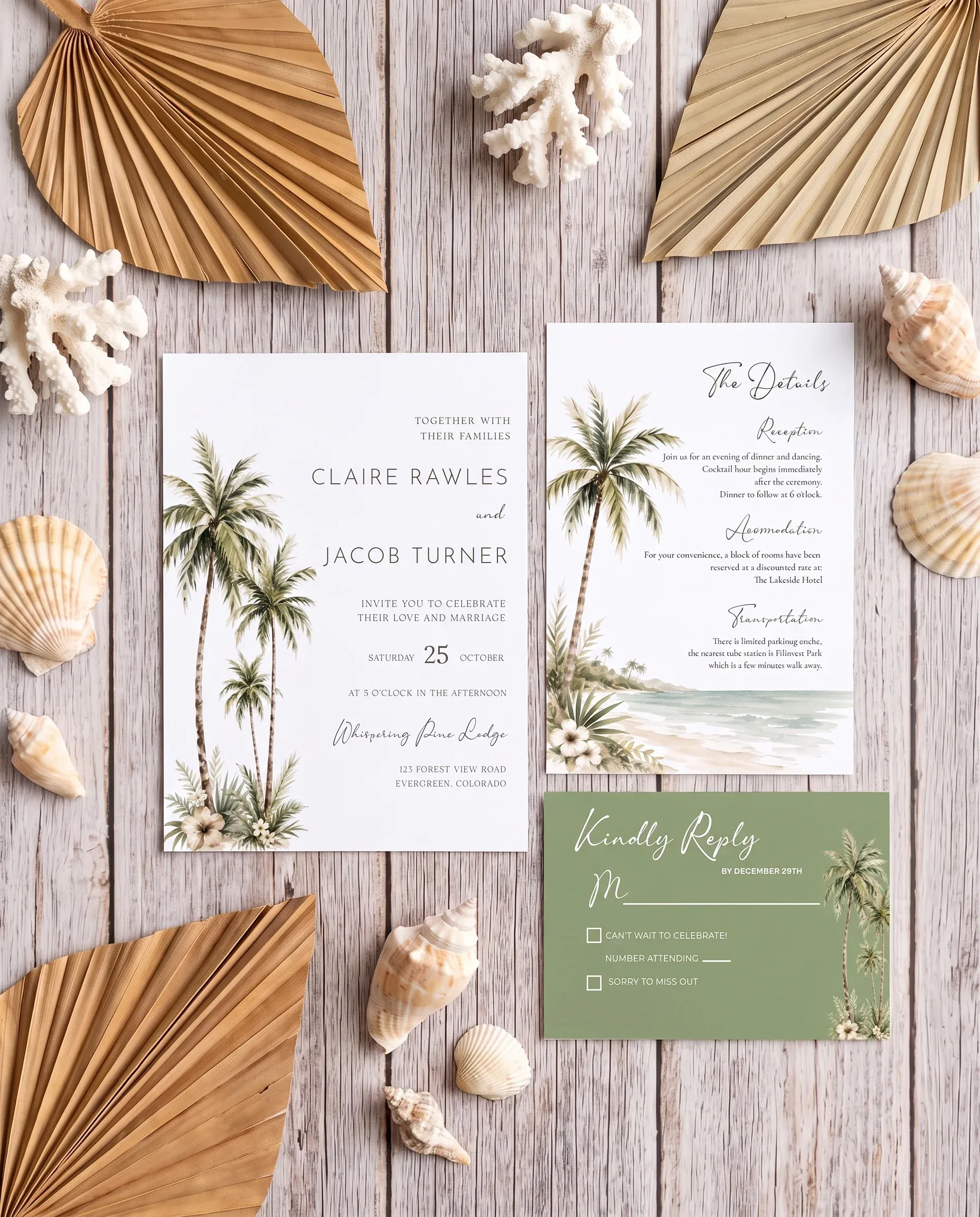 Palmetto Shore wedding invitation suite — invitation, details card and RSVP shown in a flat lay under soft natural light, wedding invitation templates.