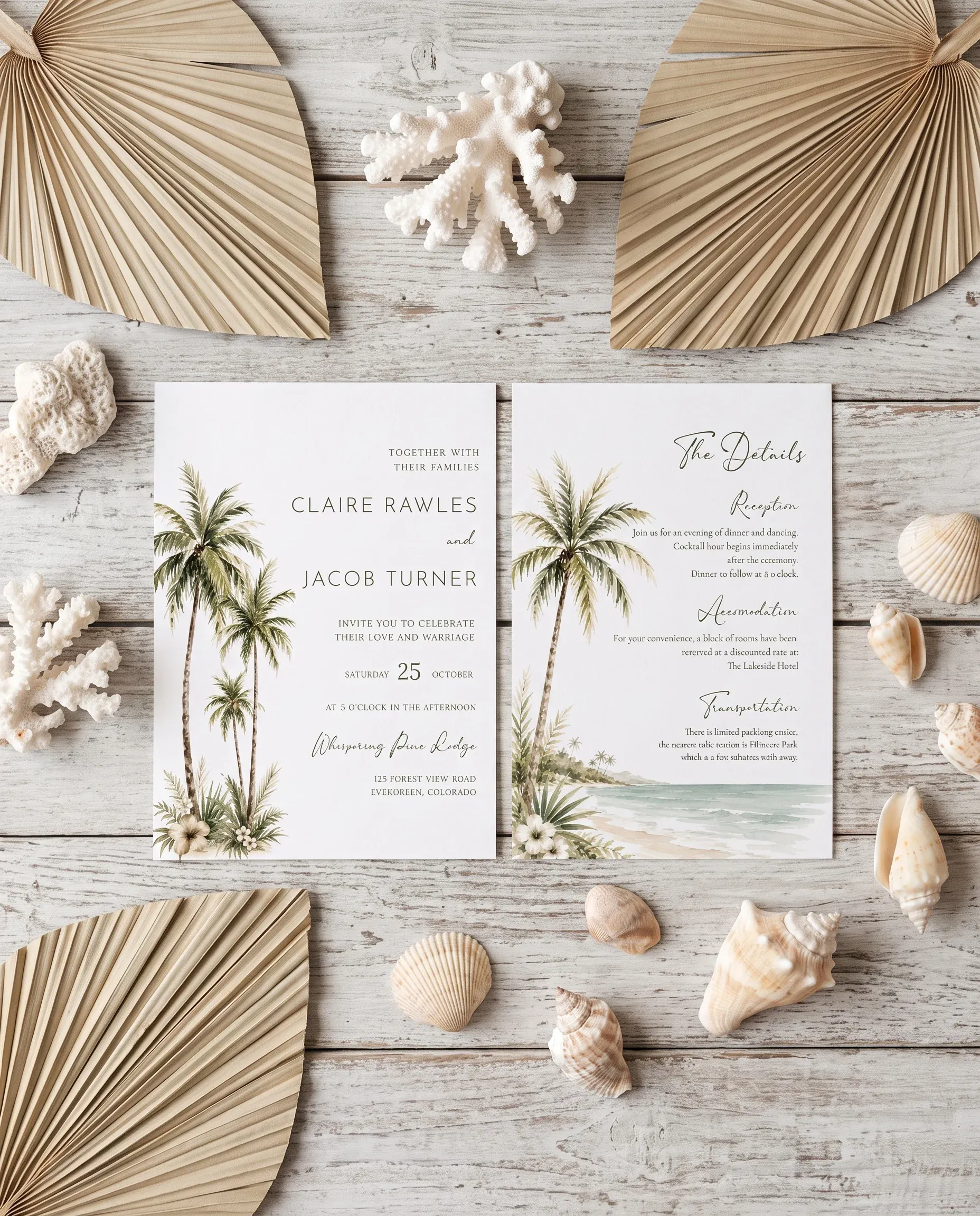 Palmetto Shore wedding invitation suite — invitation and details card shown in a flat lay under soft natural light, wedding details card.