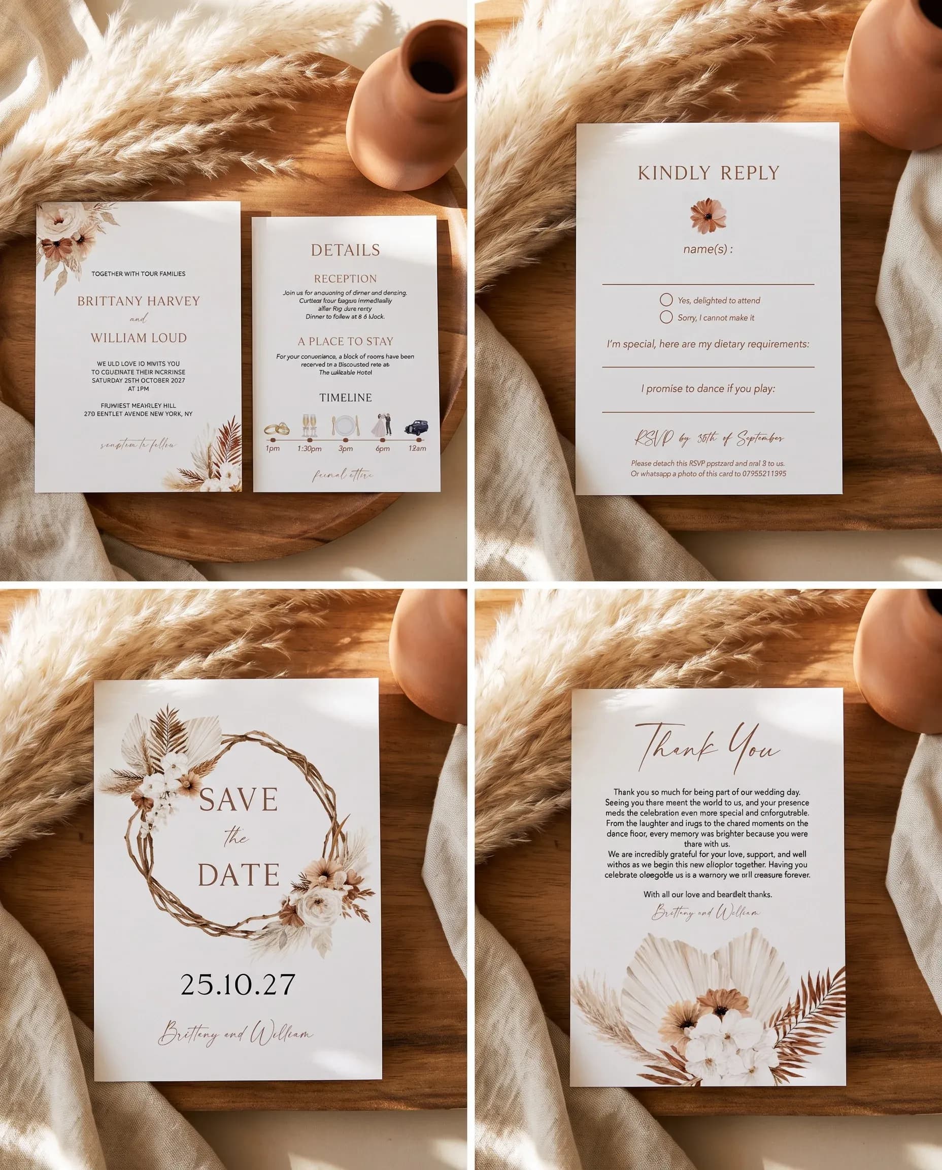 Pampas Bloom wedding invitation set — five-page suite with invitation, details card, RSVP, save the date, and thank you card, printable wedding templates