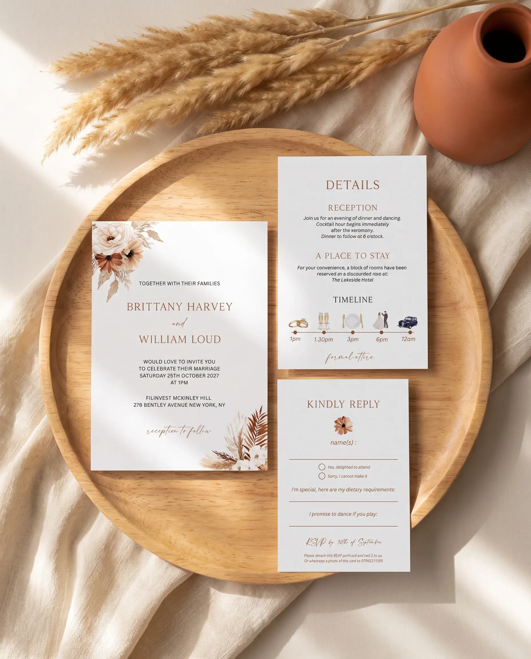 Pampas Bloom wedding invitation set — Invitation, details, RSVP, Printable wedding templates