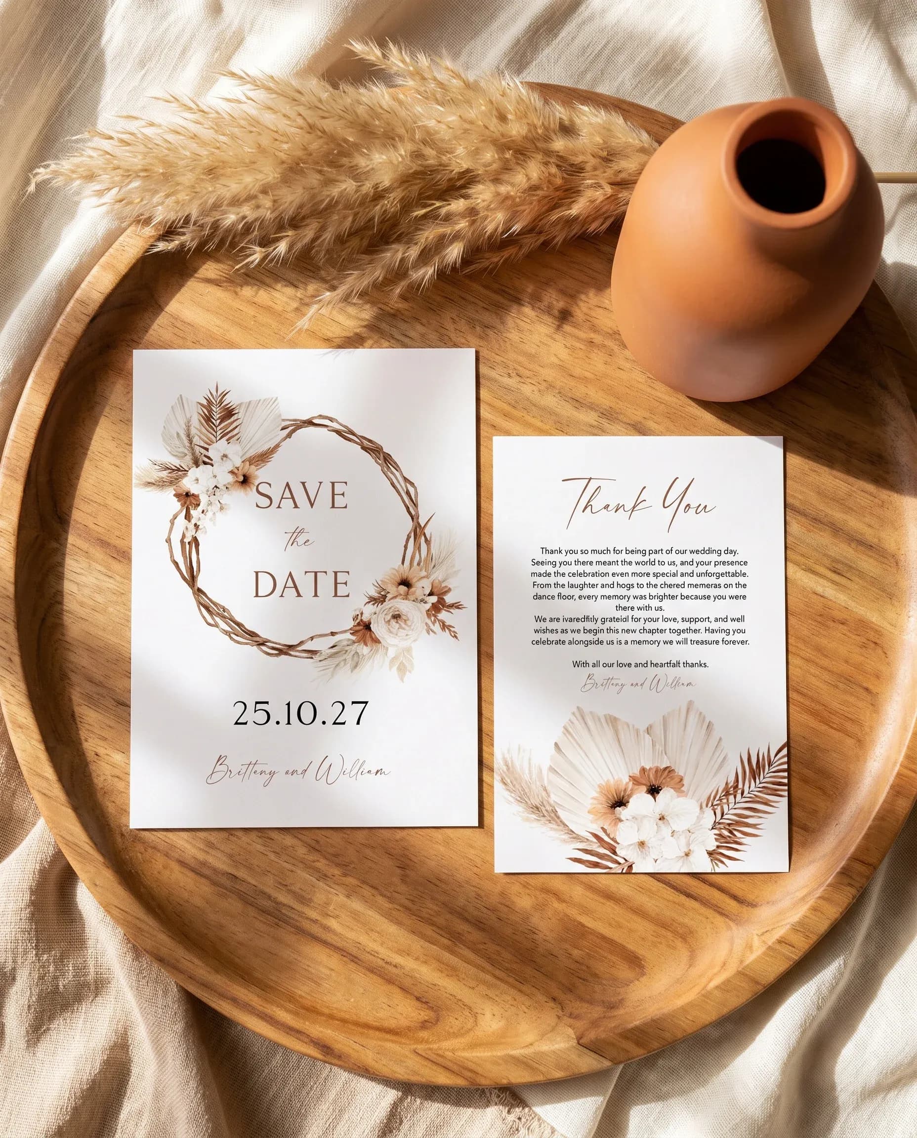 Pampas Bloom wedding invitation set — Editable wedding stationery template