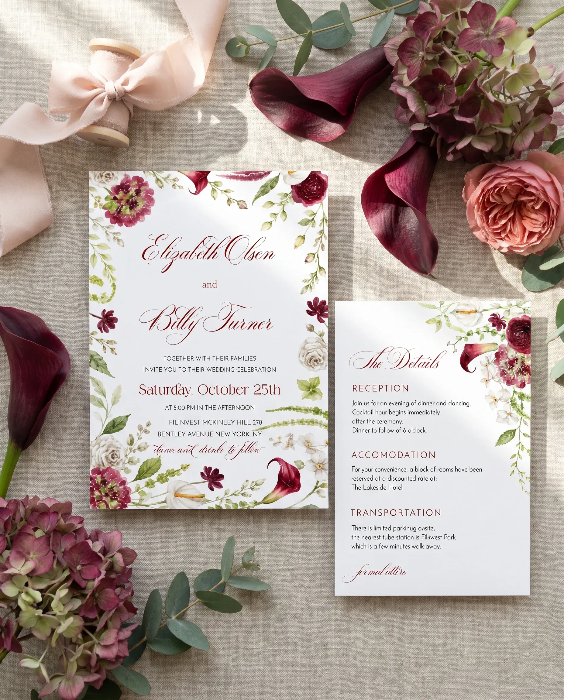 Burgundy Calla wedding invitation suite — invitation and details card arranged side by side in a flat lay, wedding details card.