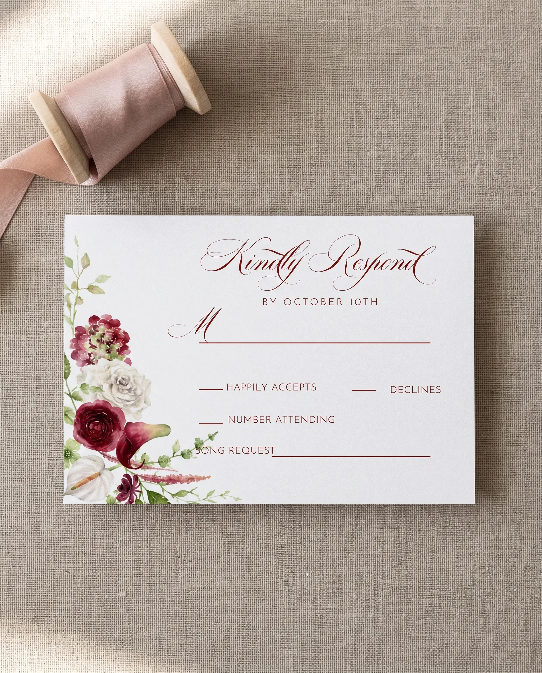 Burgundy Calla wedding invitation suite — RSVP card shown in a flat lay, wedding RSVP cards.