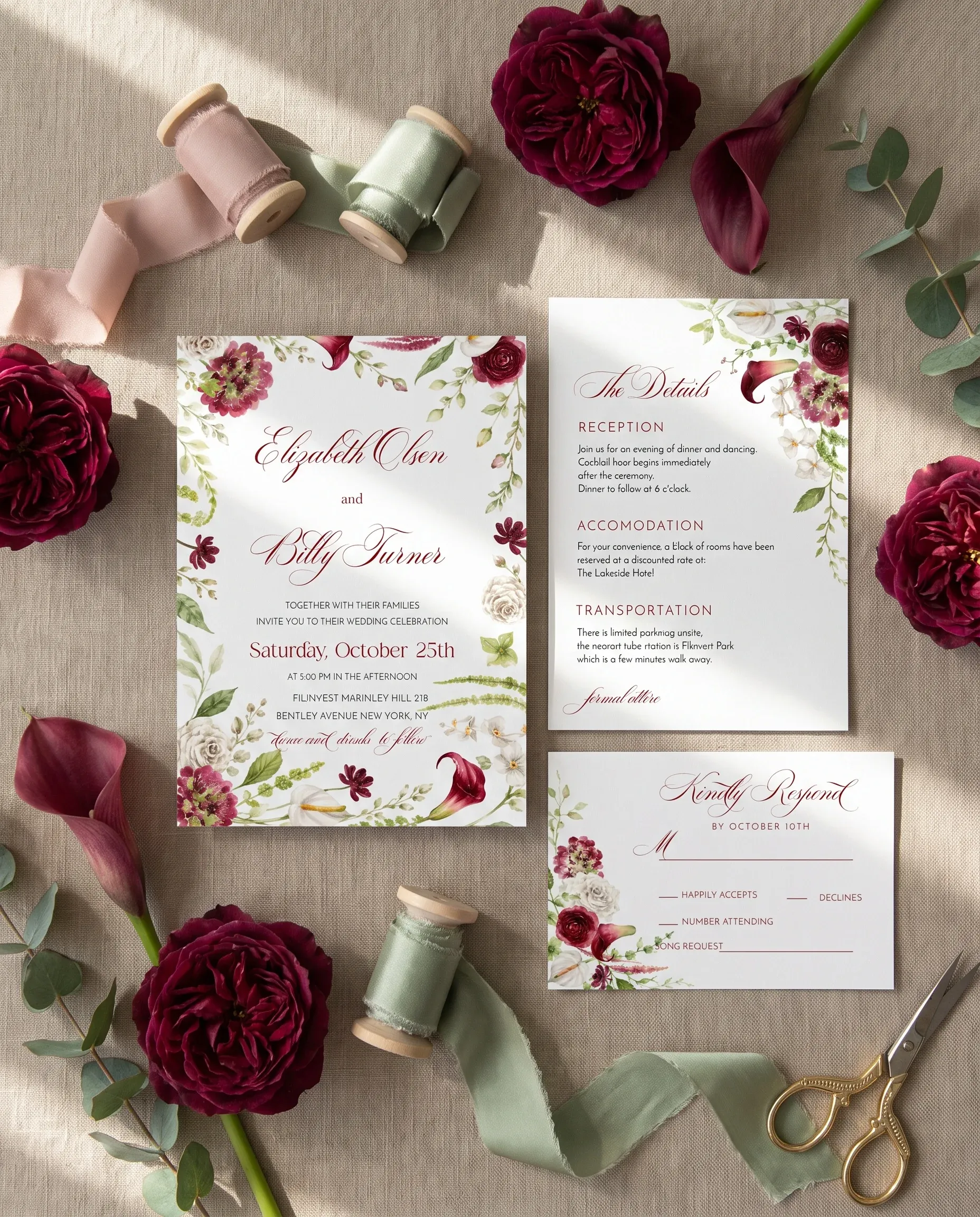 Burgundy Calla wedding invitation suite — invitation, details card and RSVP shown in a flat lay under soft natural light, wedding invitation templates.