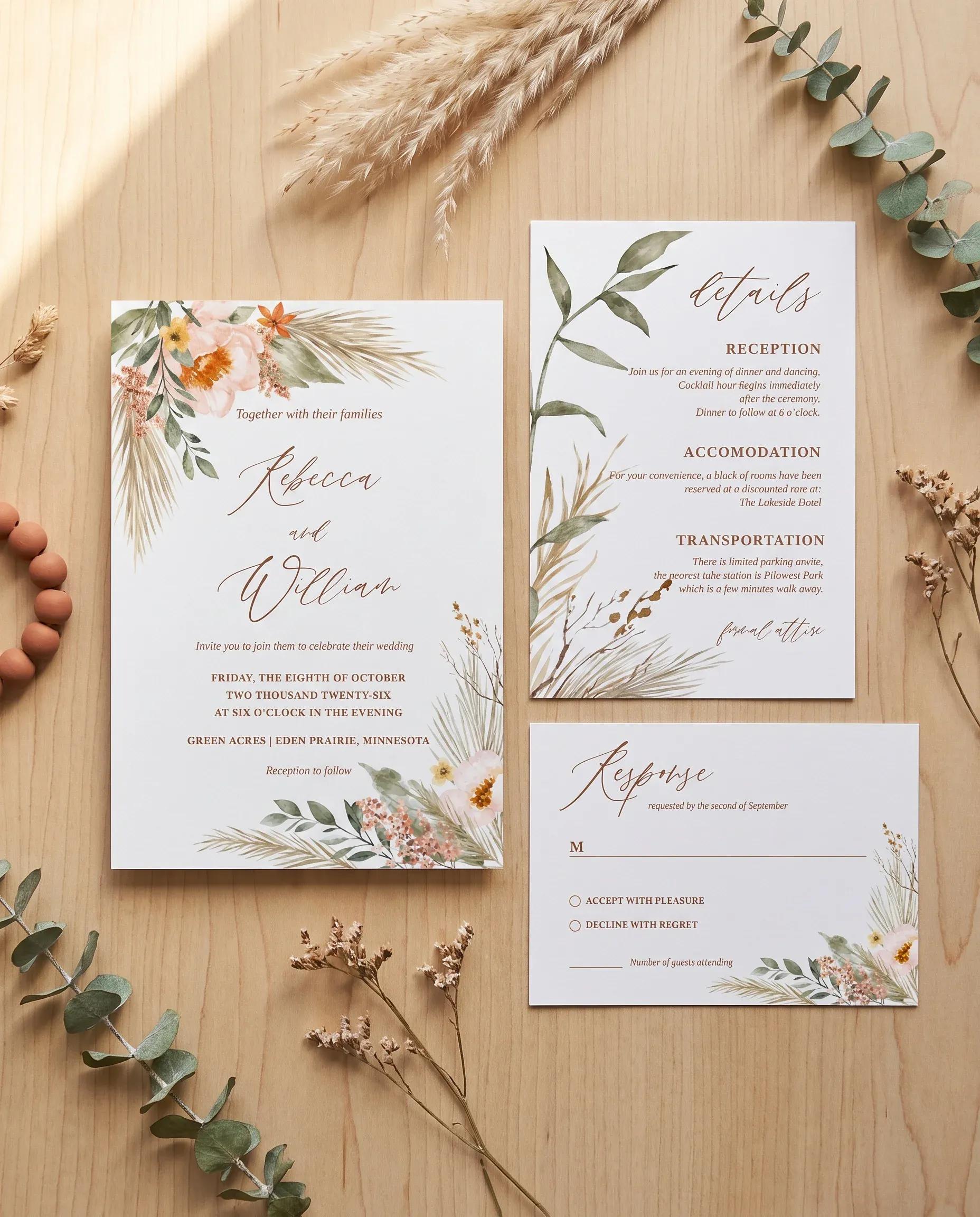 Prairie Fern wedding invitation suite — invitation, details card and RSVP shown in a flat lay, wedding invitation templates.