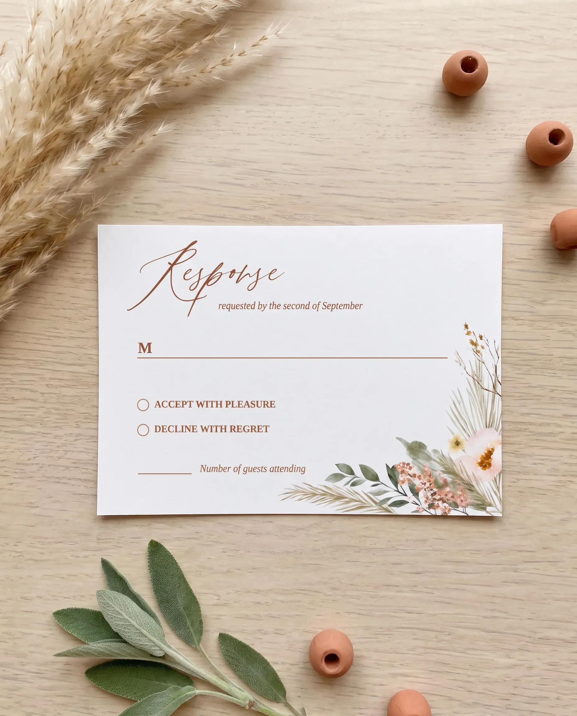 Prairie Fern wedding invitation suite — RSVP card shown in a flat lay, wedding RSVP cards.