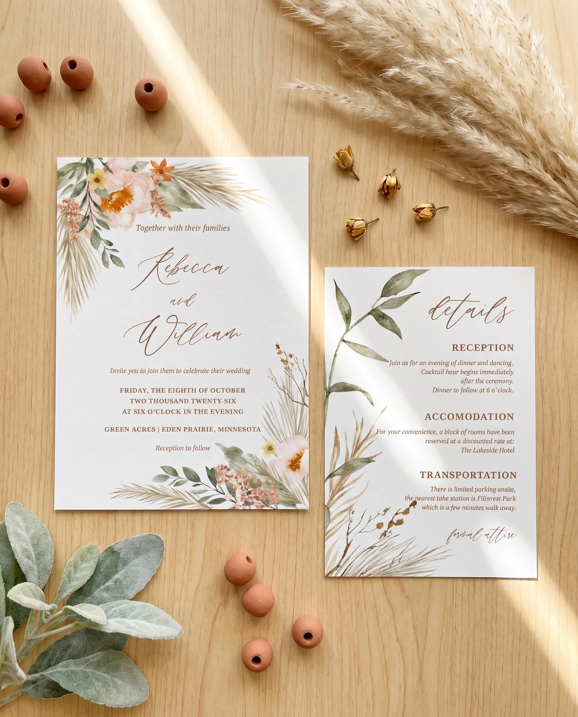 Prairie Fern wedding invitation suite — invitation and details card arranged together in a flat lay under soft light, wedding details card.