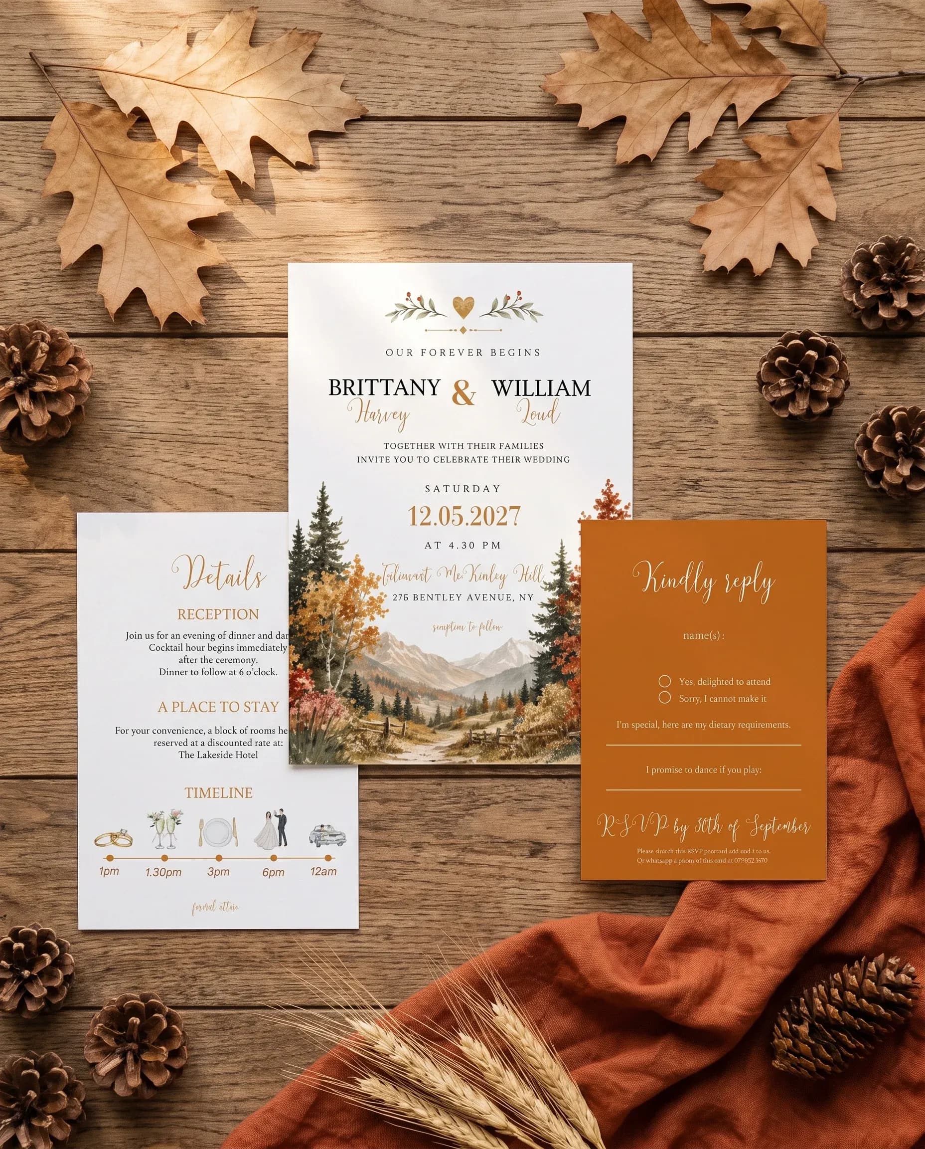 Autumn Vale wedding invitation set — invitation, details card and RSVP shown in a flat lay, printable wedding invitations.