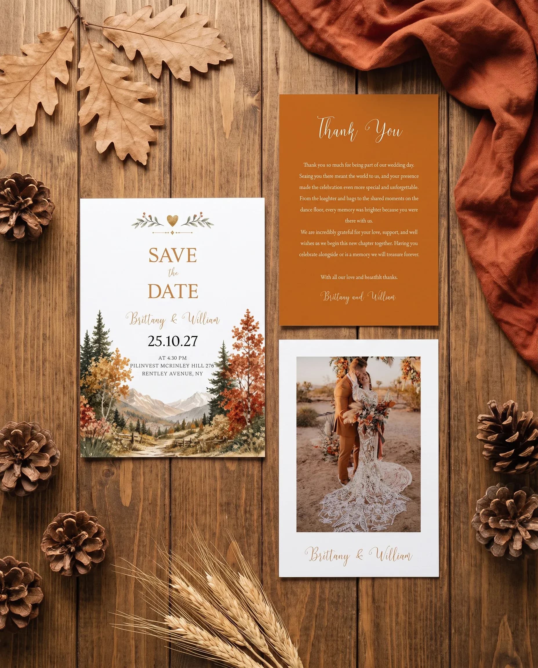 Autumn Vale wedding invitation set — save the date and thank you card shown in a flat lay, wedding invitation templates