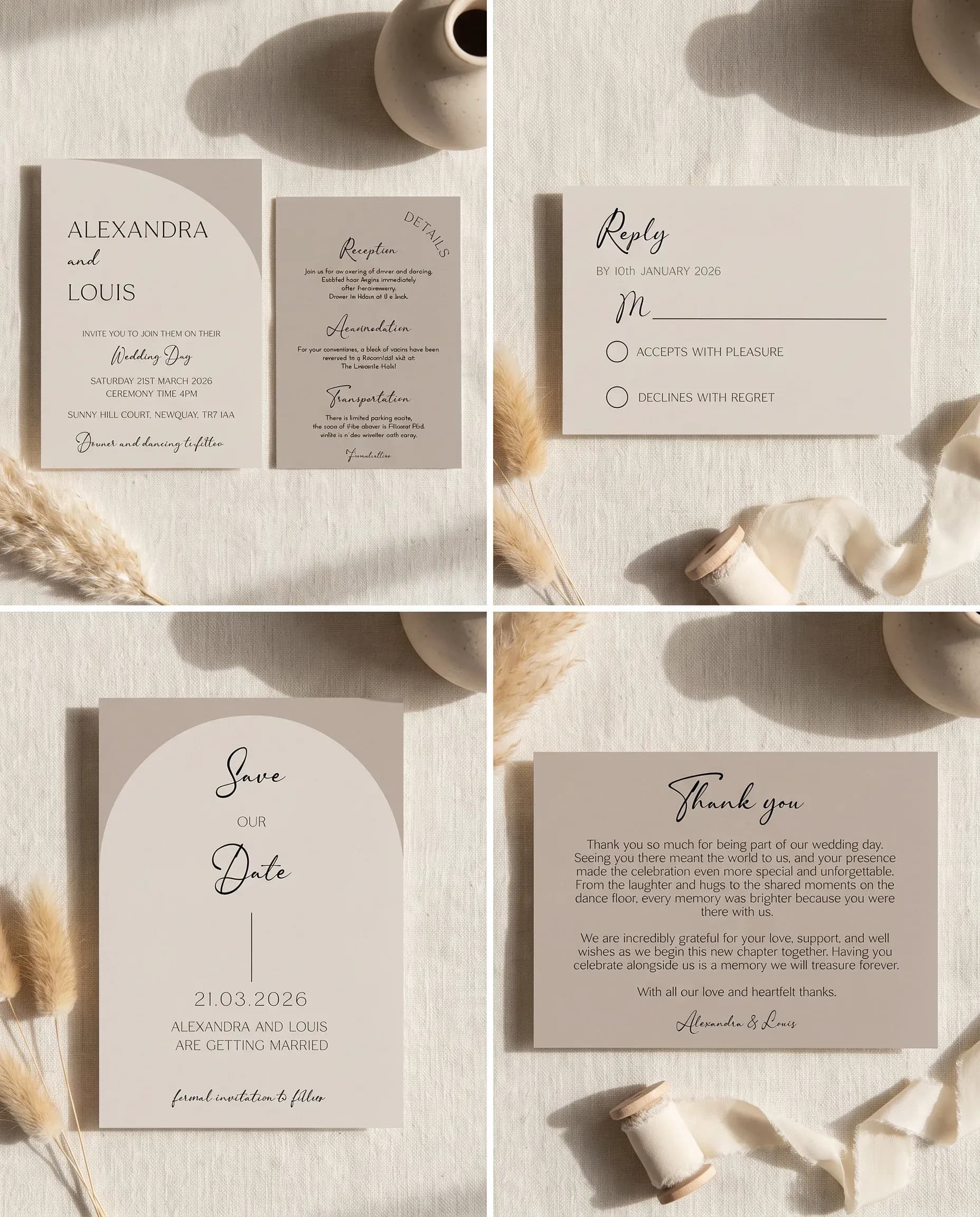 Tassel Arc wedding invitation set — Invitation, details card, RSVP, save the date and thank you card shown in a flat lay, wedding invitation suite