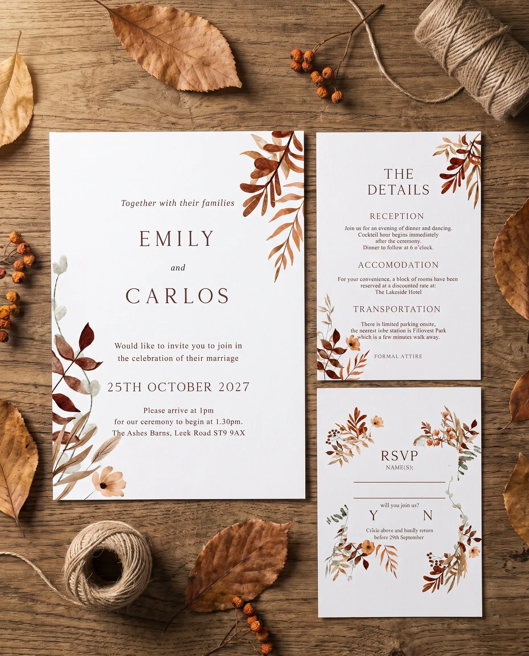 Autumn Bower wedding invitation set — Invitation, details, RSVP, editable wedding templates