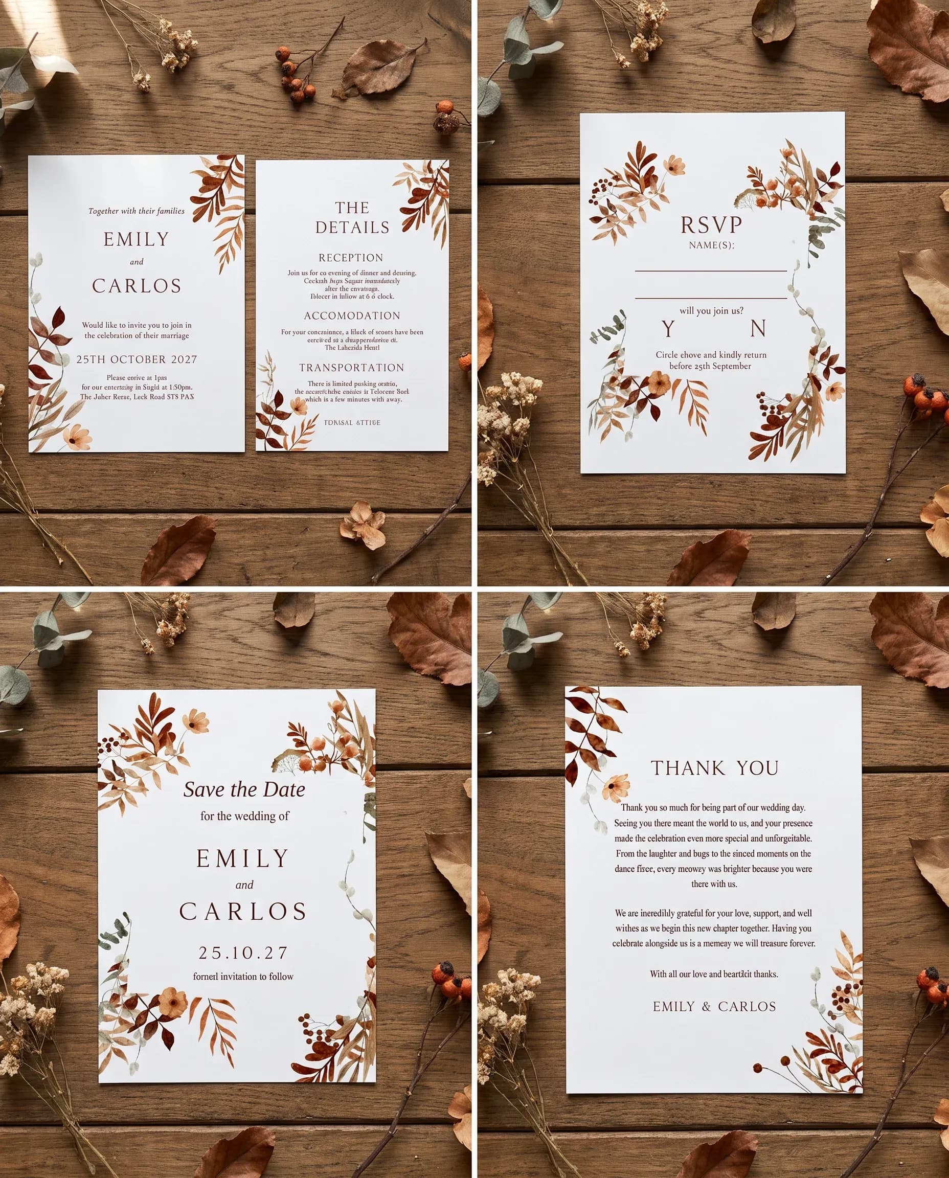 Autumn Bower wedding invitation set — five-page suite with invitation, details card, RSVP, save the date, thank you card, printable wedding stationery templates