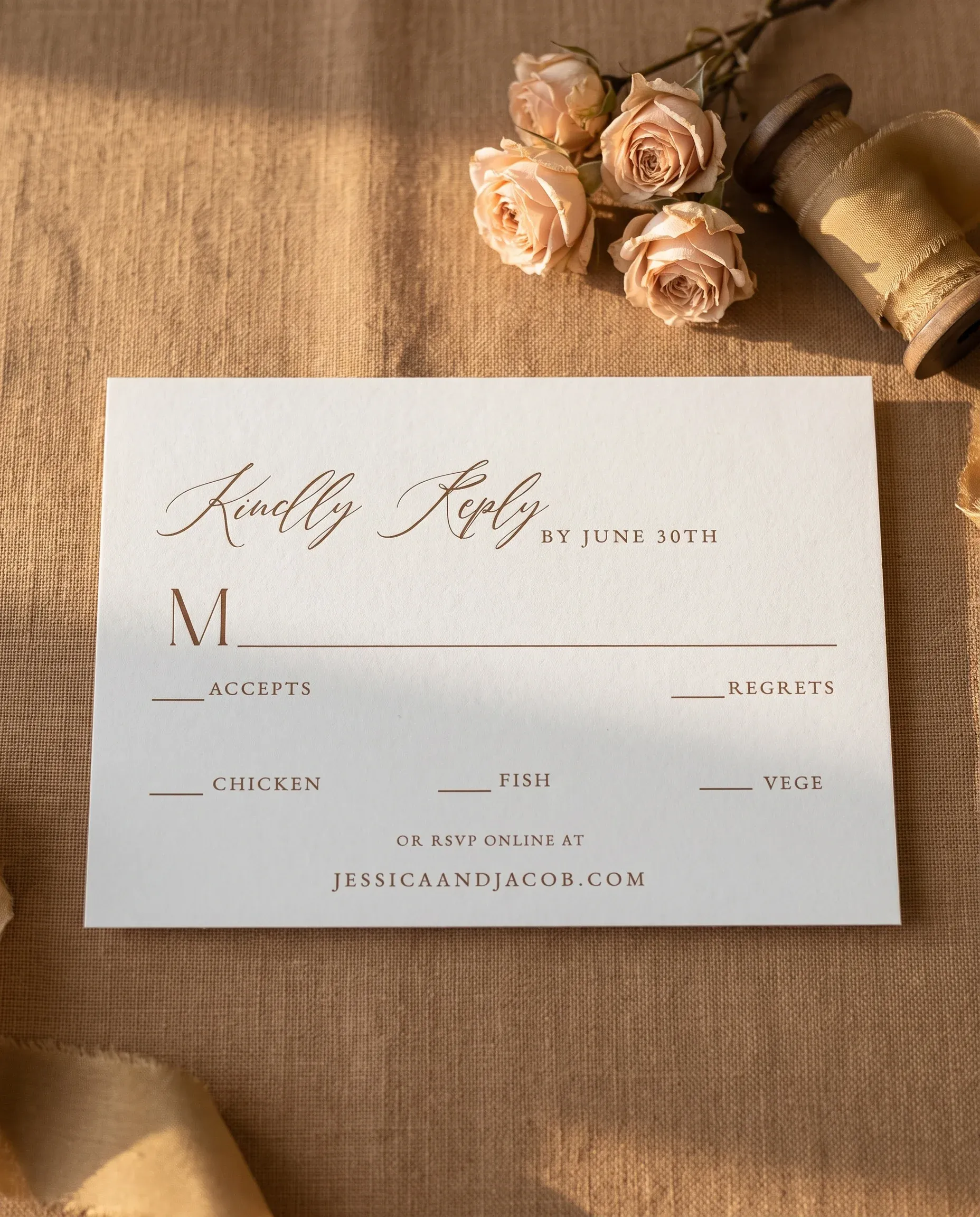 Sepia Crest wedding invitation suite — RSVP card shown in a flat lay, wedding RSVP cards