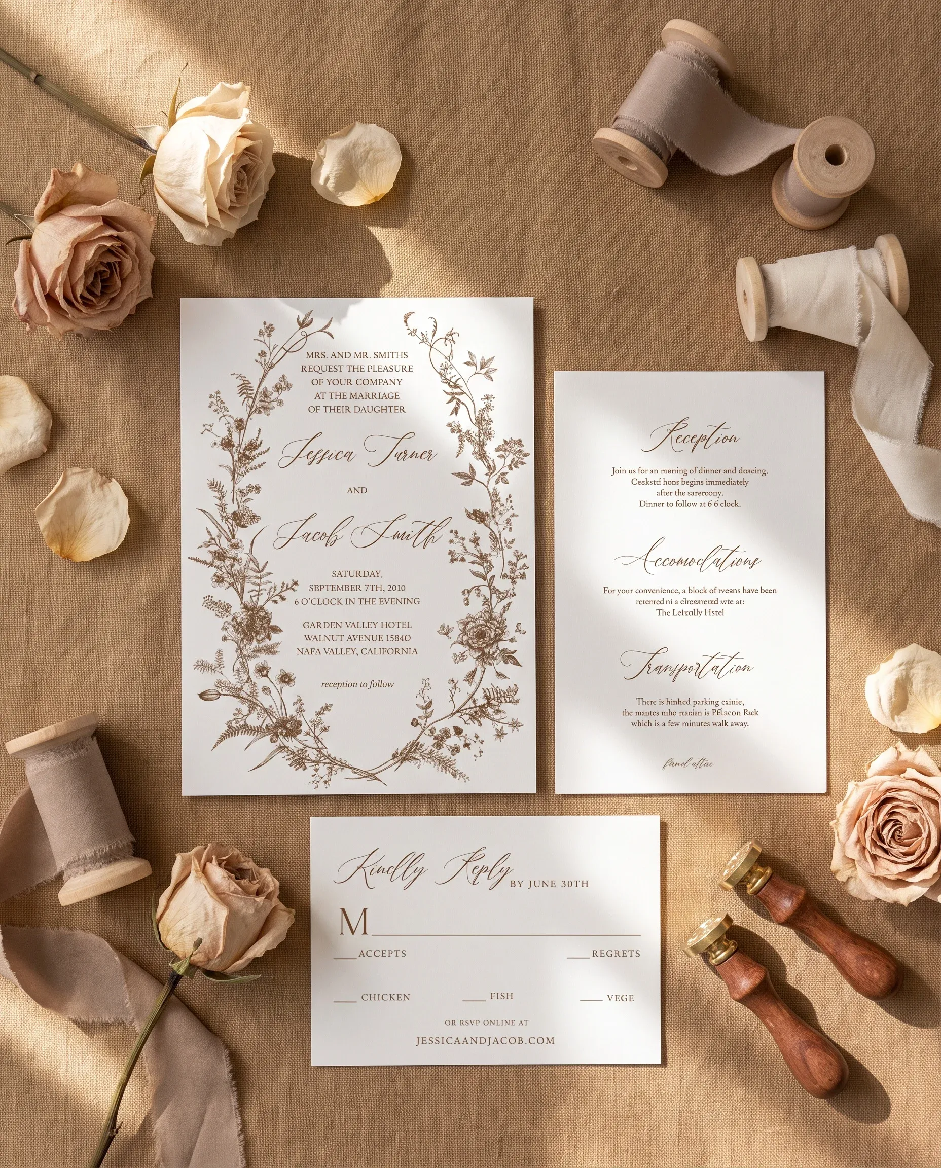 Sepia Crest wedding invitation suite — invitation, details card and RSVP shown in a flat lay under soft natural light, wedding invitation templates.