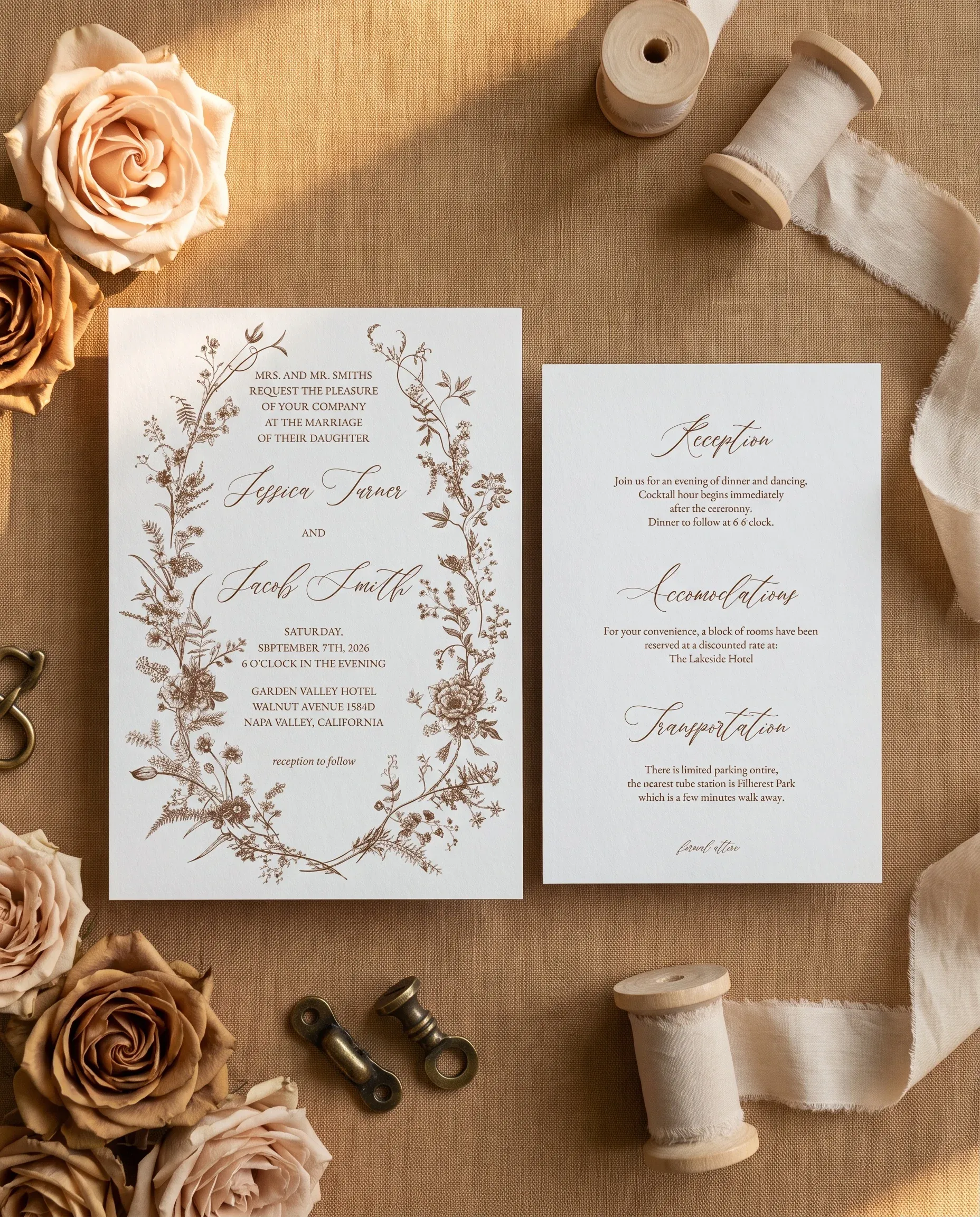 Sepia Crest wedding invitation suite — invitation and details card shown in a flat lay under soft natural light on premium editorial paper, wedding details card.