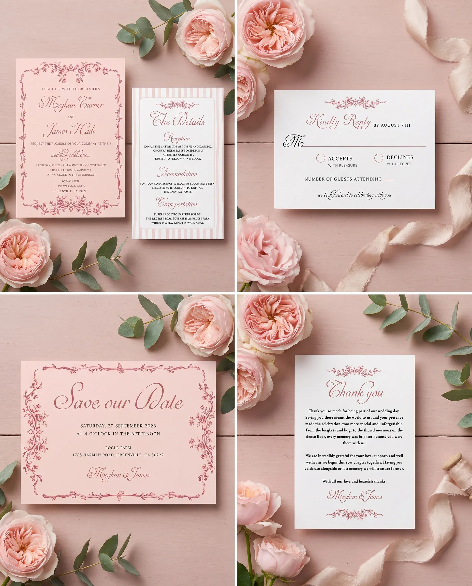 Rosewood Trellis wedding invitation set — Invitation, details card, RSVP, save the date and thank you card shown in a flat lay, wedding invitation suite
