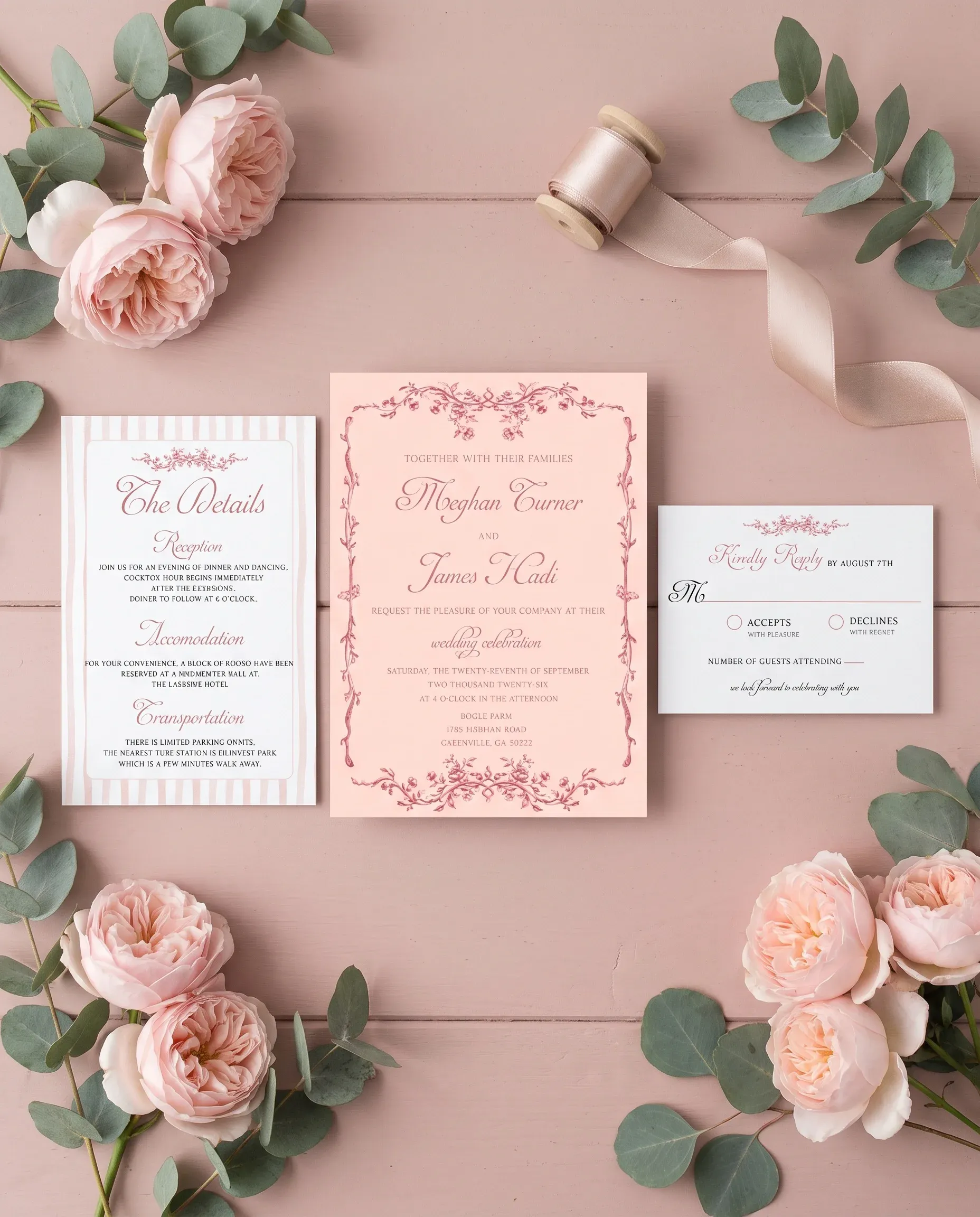 Rosewood Trellis wedding invitation set — Invitation, details card and RSVP card shown in a flat lay, printable wedding invitations
