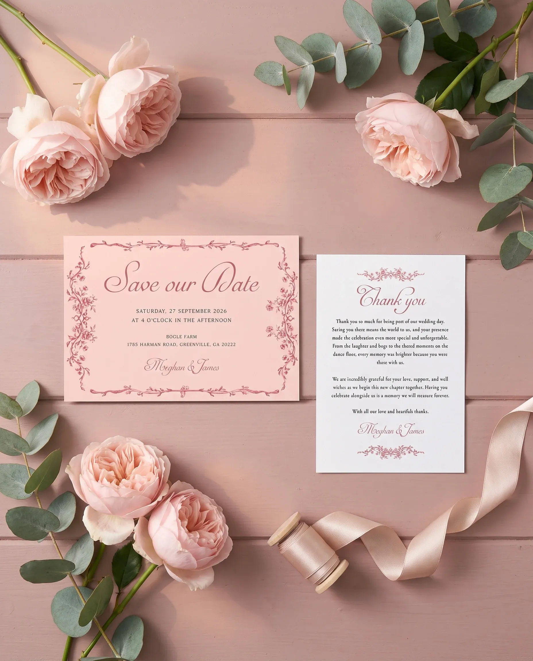 Rosewood Trellis wedding invitation set — Save the date and thank you card shown in a flat lay, wedding invitation templates