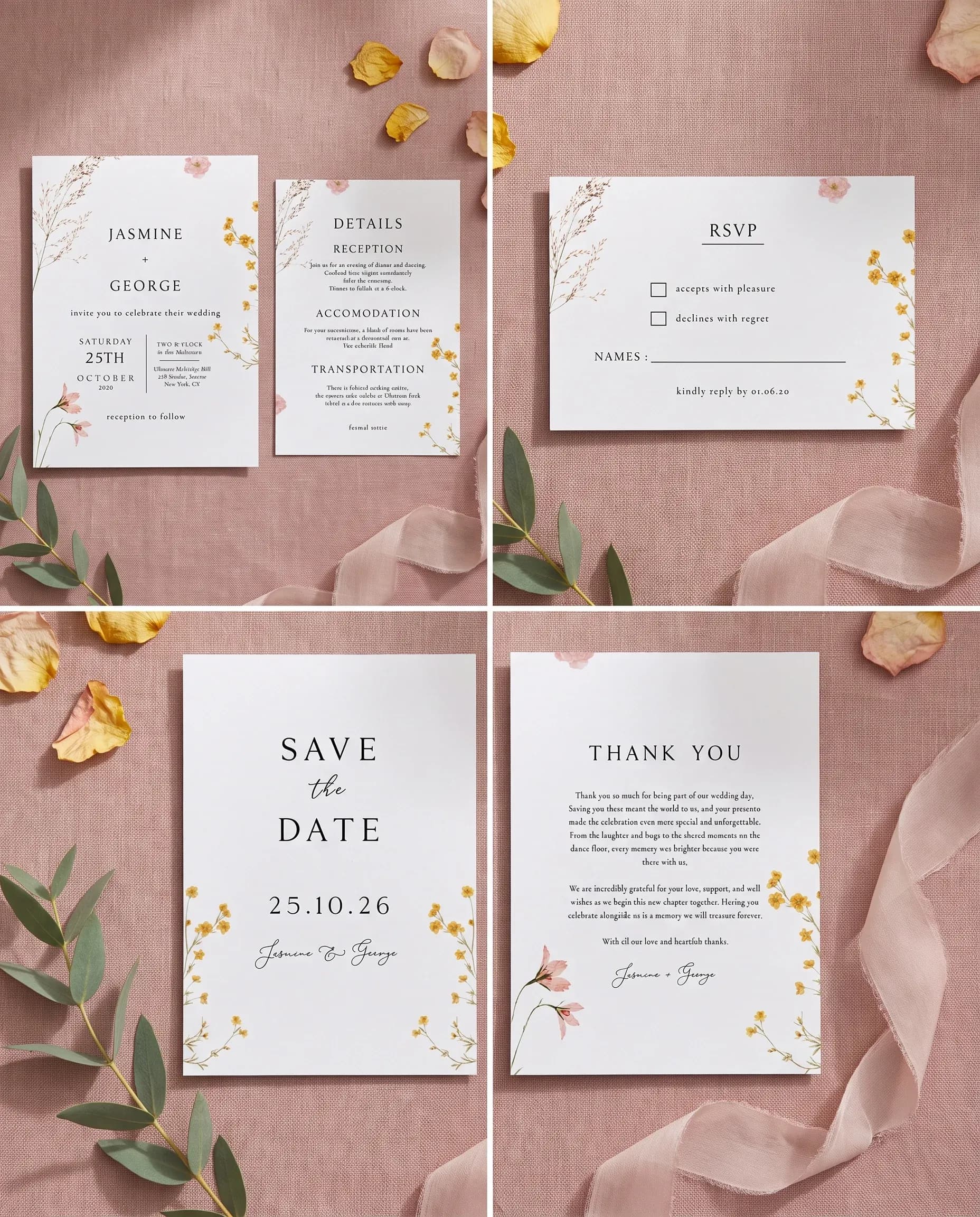 Marigold Petal wedding invitation set — Invitation, details card, RSVP, save the date and thank you card shown in a flat lay, wedding invitation suite
