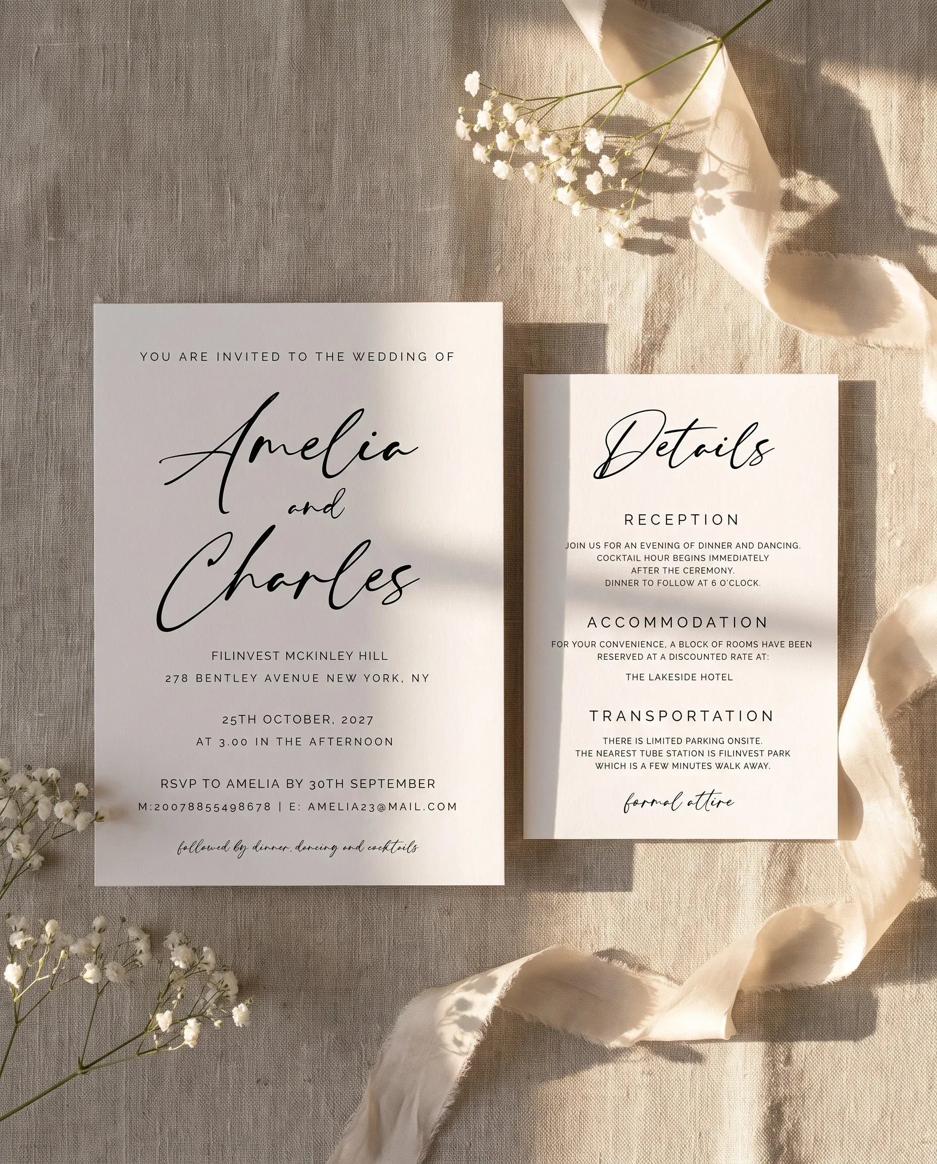 Cathedral wedding invitation suite — invitation and details card shown in a flat lay with soft natural light, wedding details card.