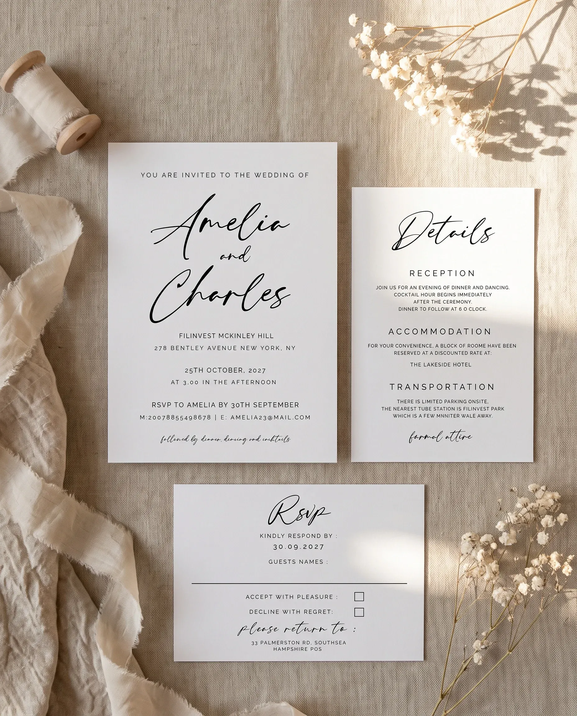 Cathedral wedding invitation suite — invitation, details card and RSVP arranged in a flat lay under soft natural light, wedding invitation templates