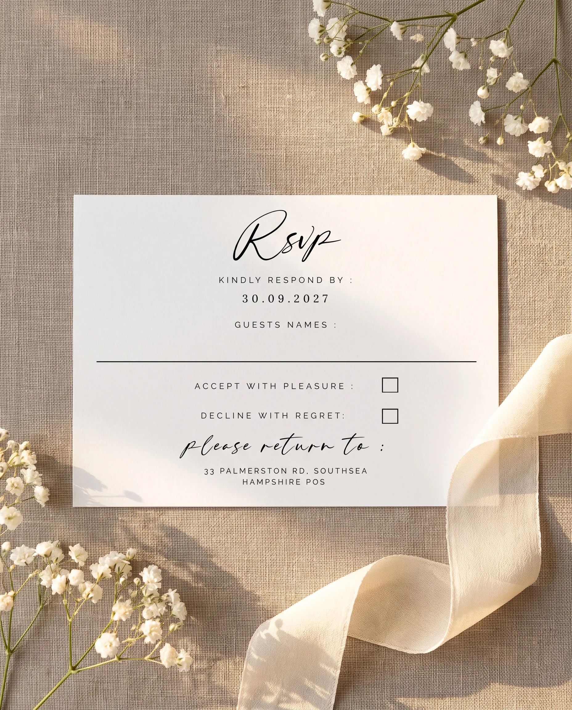 Cathedral wedding invitation suite — RSVP card shown in a flat lay on premium editorial paper under soft natural light, wedding RSVP cards.