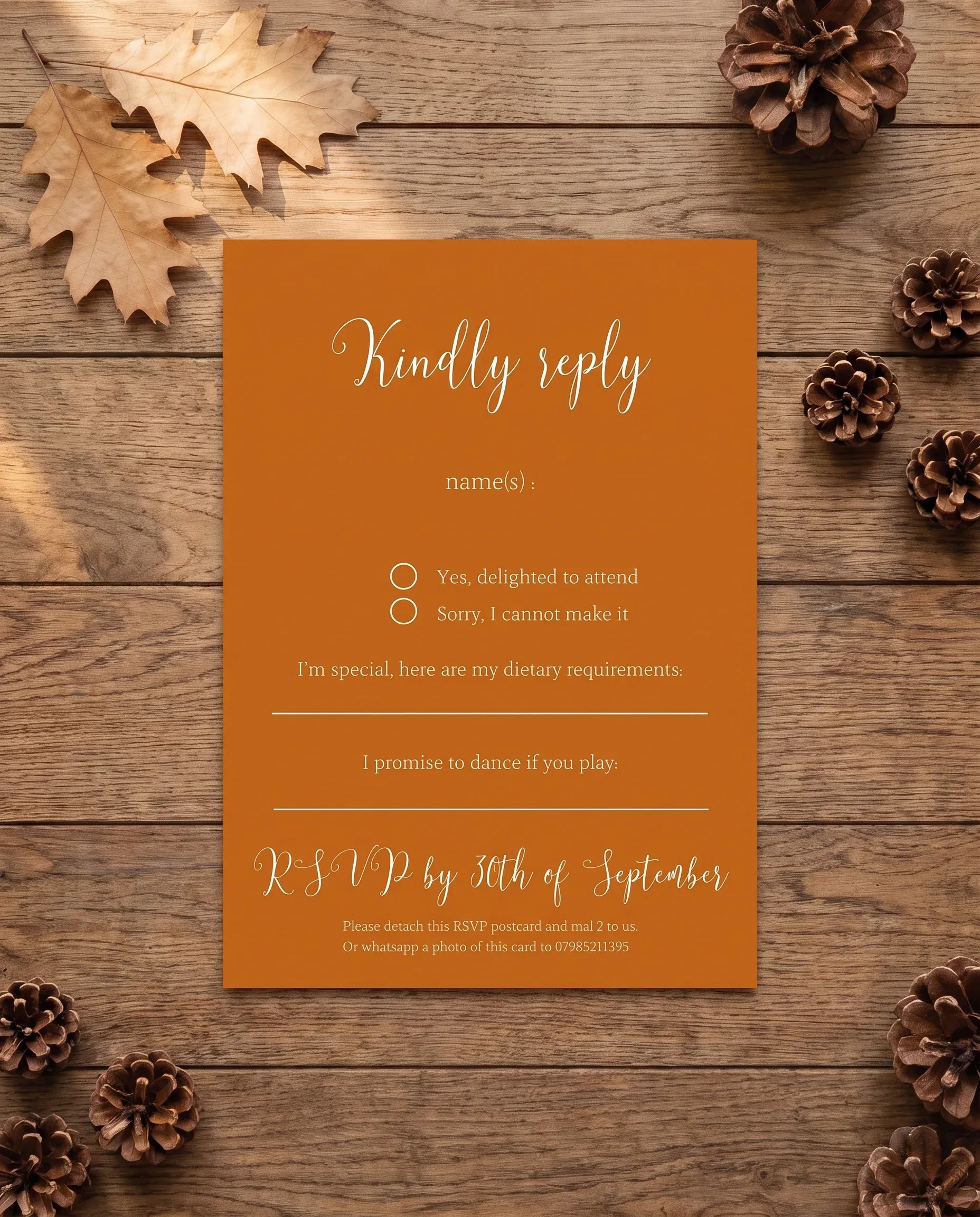 Autumn Vale wedding invitation suite — RSVP card shown in a flat lay, wedding RSVP cards.