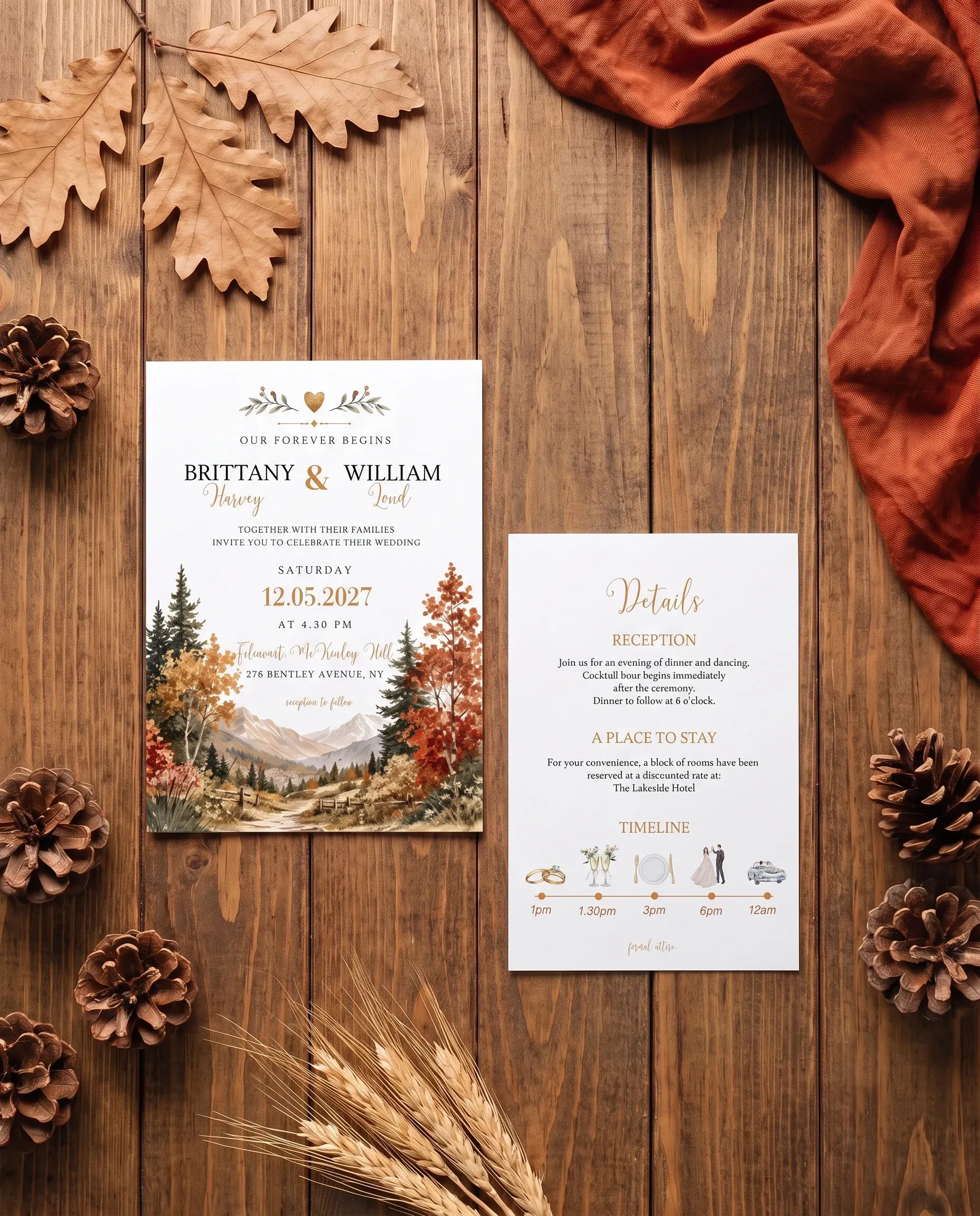 Autumn Vale wedding invitation suite — invitation and details card shown in a flat lay, wedding details card.