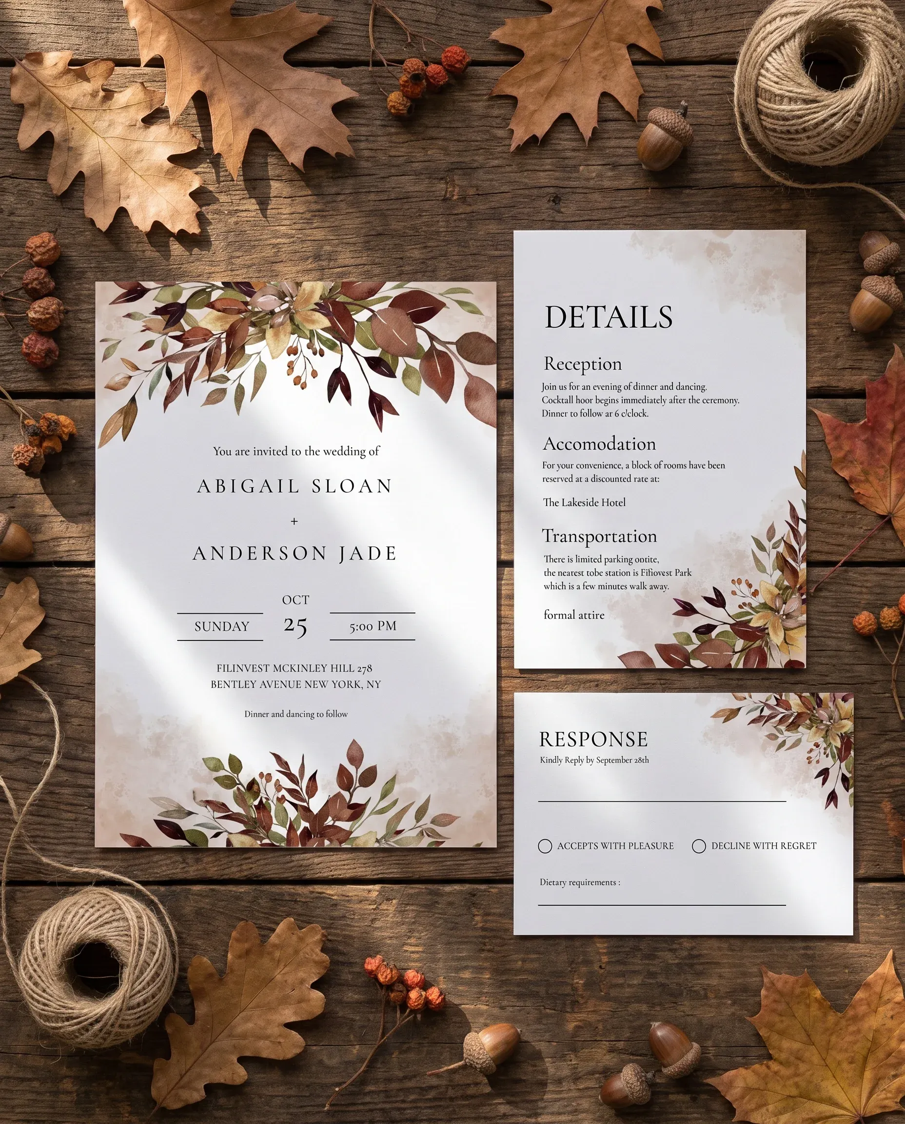 Autumn Bough wedding invitation suite — invitation, details card and RSVP arranged together in a flat lay under soft natural light, wedding invitation templates.