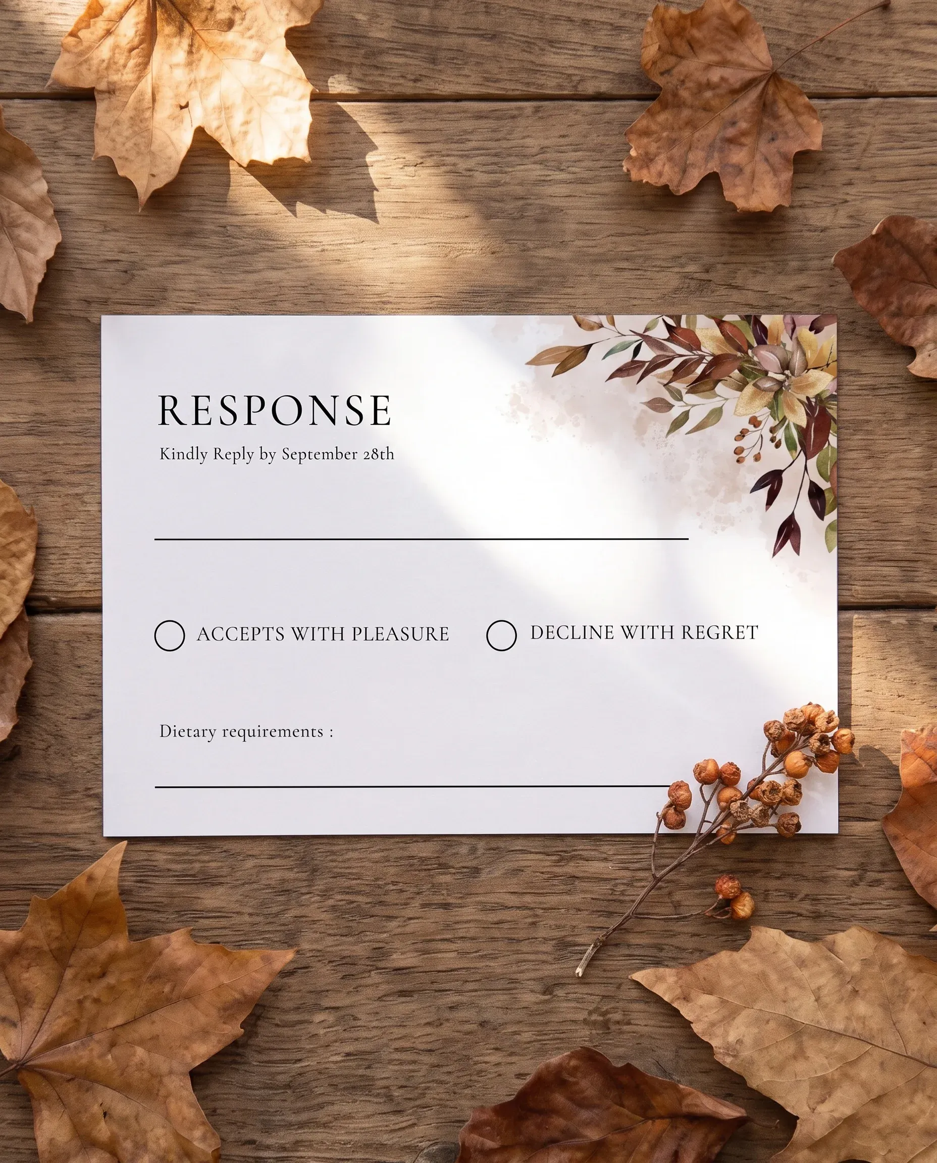 Autumn Bough wedding invitation suite — RSVP card shown in a flat lay under soft natural light, wedding RSVP cards.