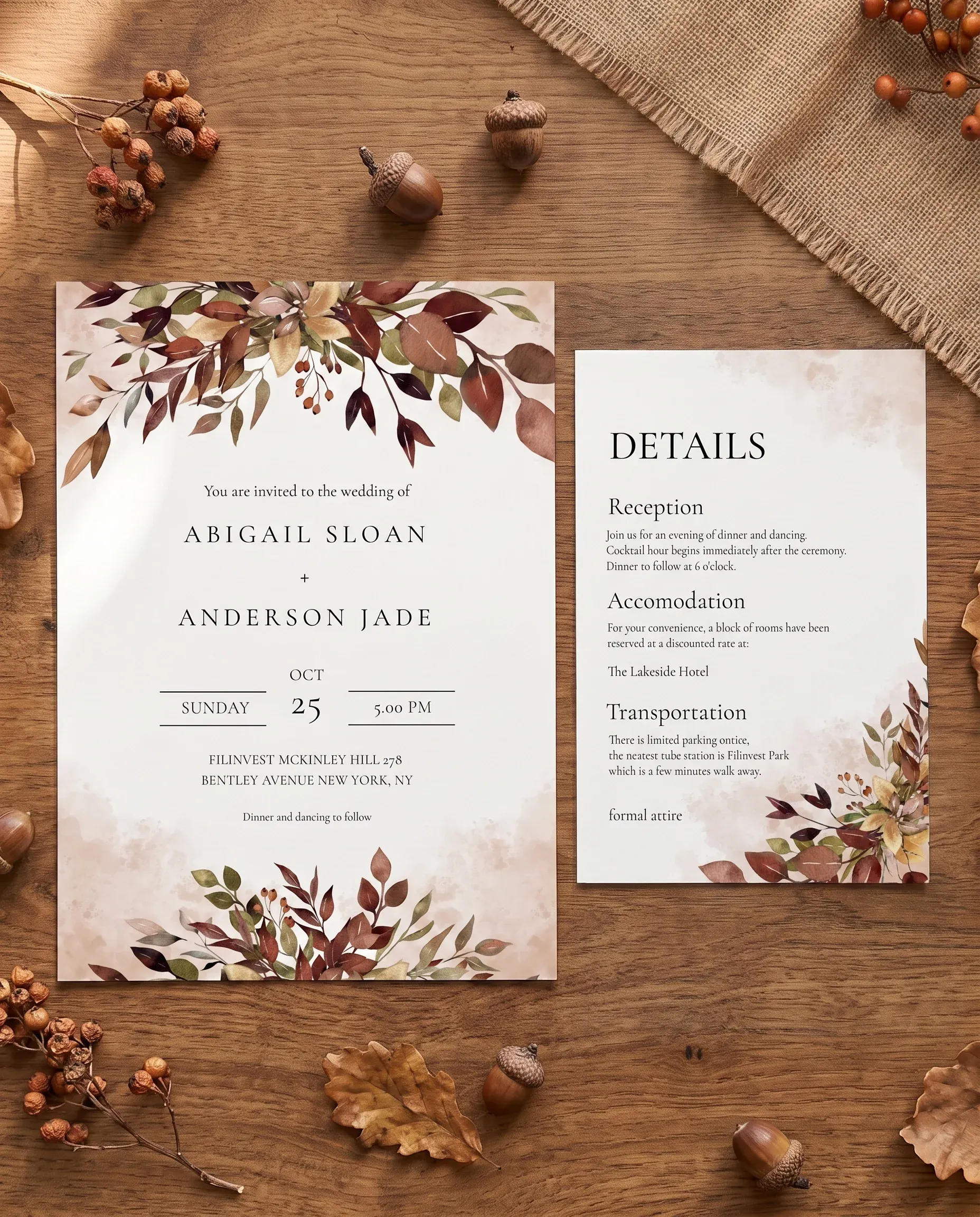 Autumn Bough wedding invitation suite — invitation and details card arranged together in a flat lay, wedding details card.